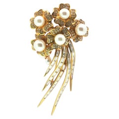 Vintage 1980s 18K Gold, Pearl, Diamond, and Baguette Diamond Floral Spray
