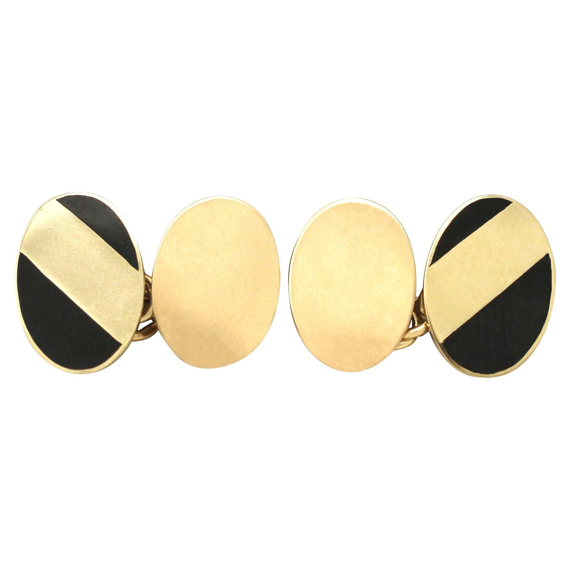 Boutons de manchette vintage en or jaune 18 carats et émail noir, années 1980