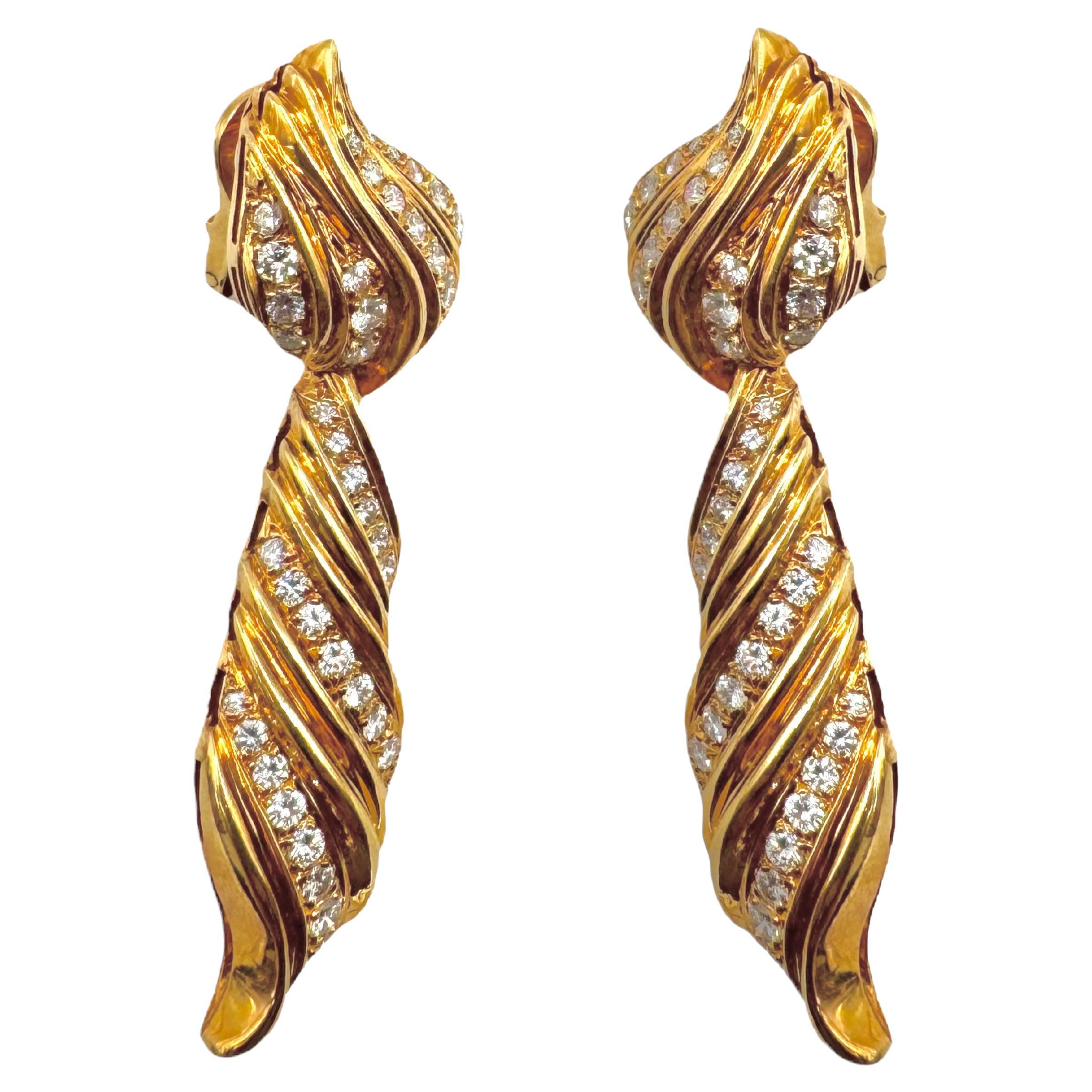 Orecchini a goccia vintage anni '80 in oro giallo 18 carati e diamanti a spirale