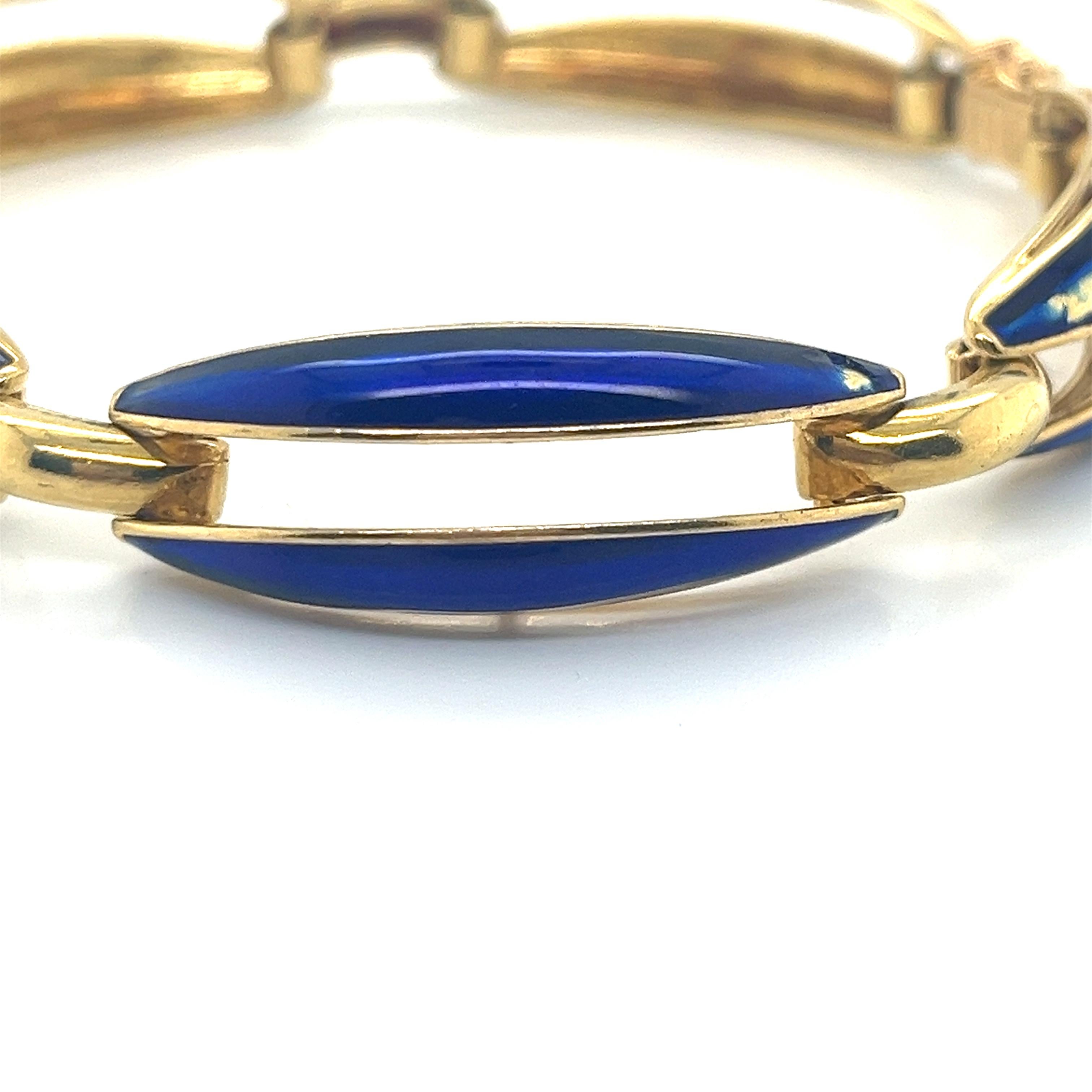 Vintage 1980's 18K Yellow Gold Italian Blue Enamel and Gold Bracelet For Sale 7