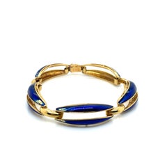 Vintage 1980's 18K Yellow Gold Italian Blue Enamel and Gold Bracelet