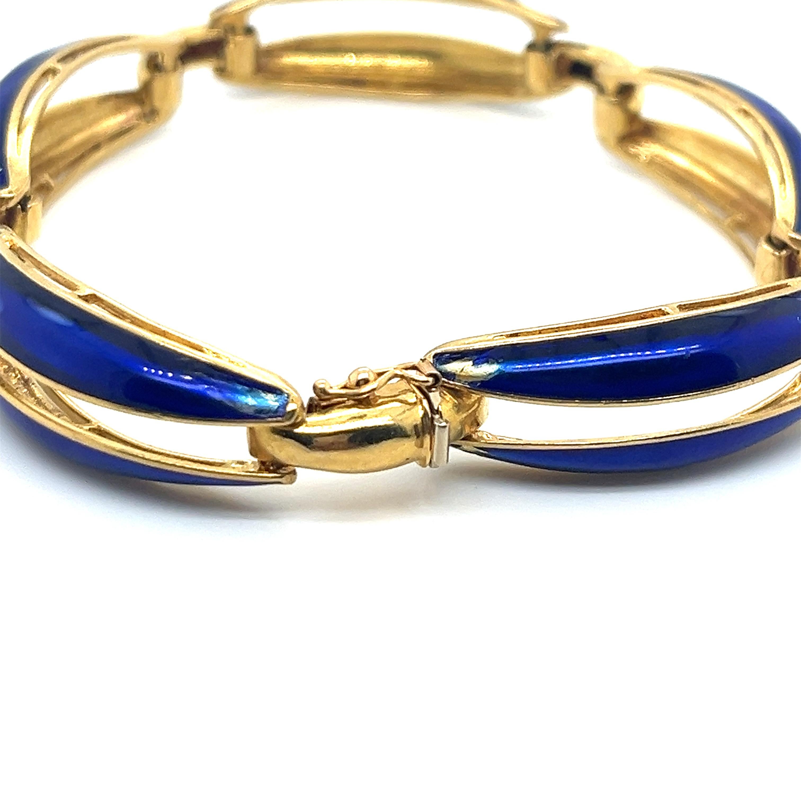 Vintage 1980's 18K Yellow Gold Italian Blue Enamel and Gold Bracelet For Sale 1