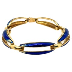 Vintage 1980's 18K Yellow Gold Italian Blue Enamel and Gold Bracelet