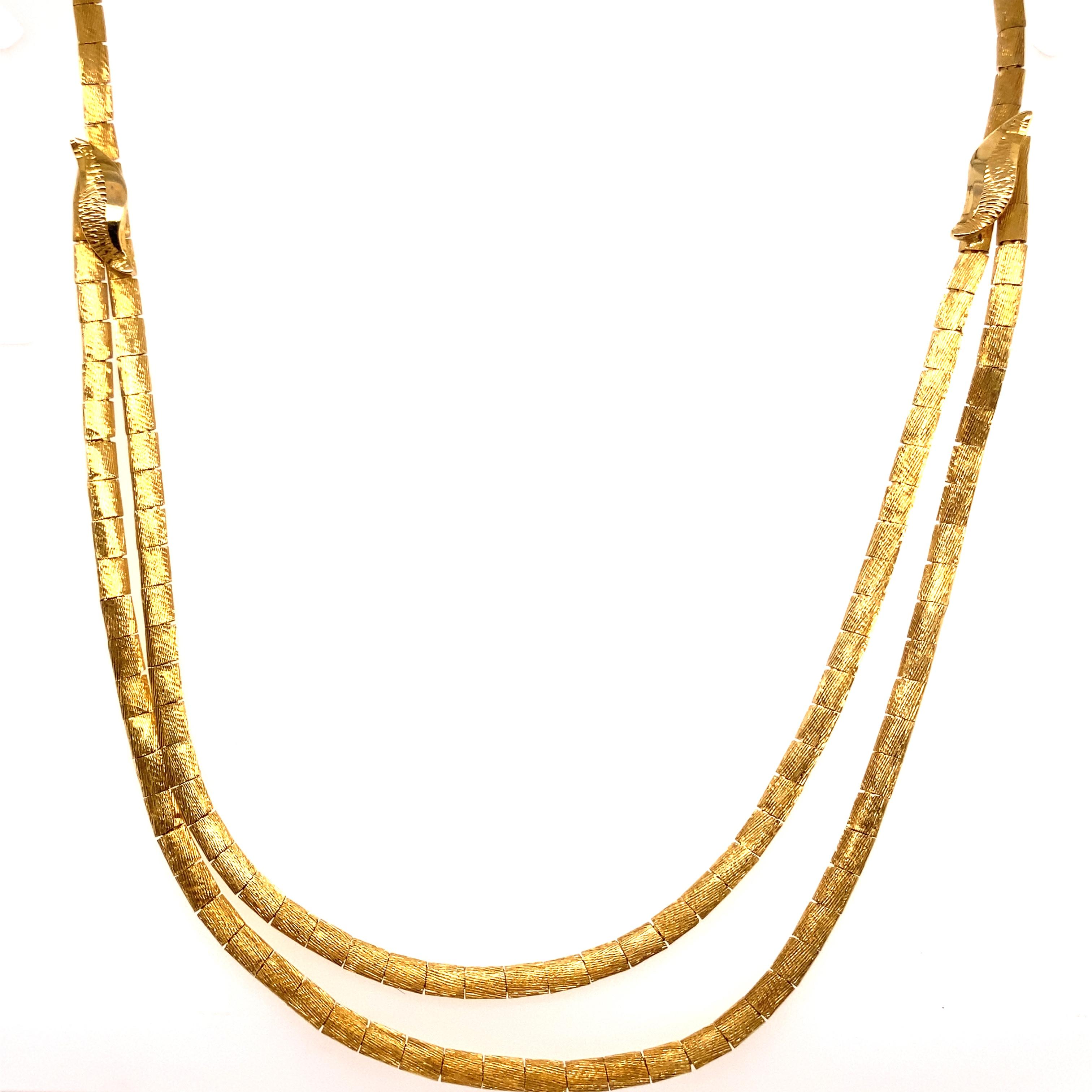 Vintage 1980's 18K Yellow Gold Omega Layered Necklace - The 18K gold links are 2.7mm wide with a brushed finish. The layered chain is attached with a leaf design link and the clasp is a plunger style with a figure 8 safety. The length of the