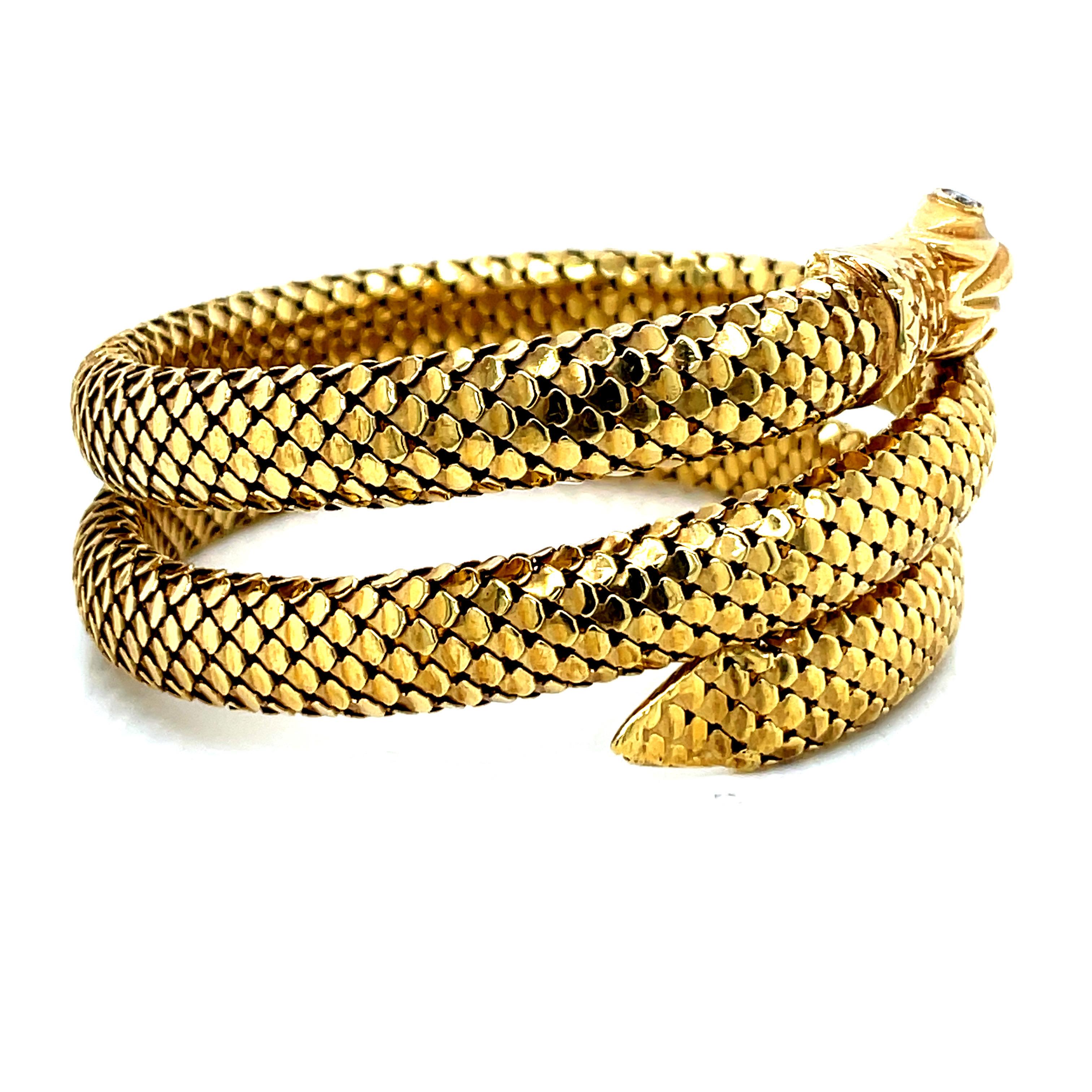 Round Cut Vintage 1980s 18k Yellow Gold Snake Bracelet and Arm Band For Sale
