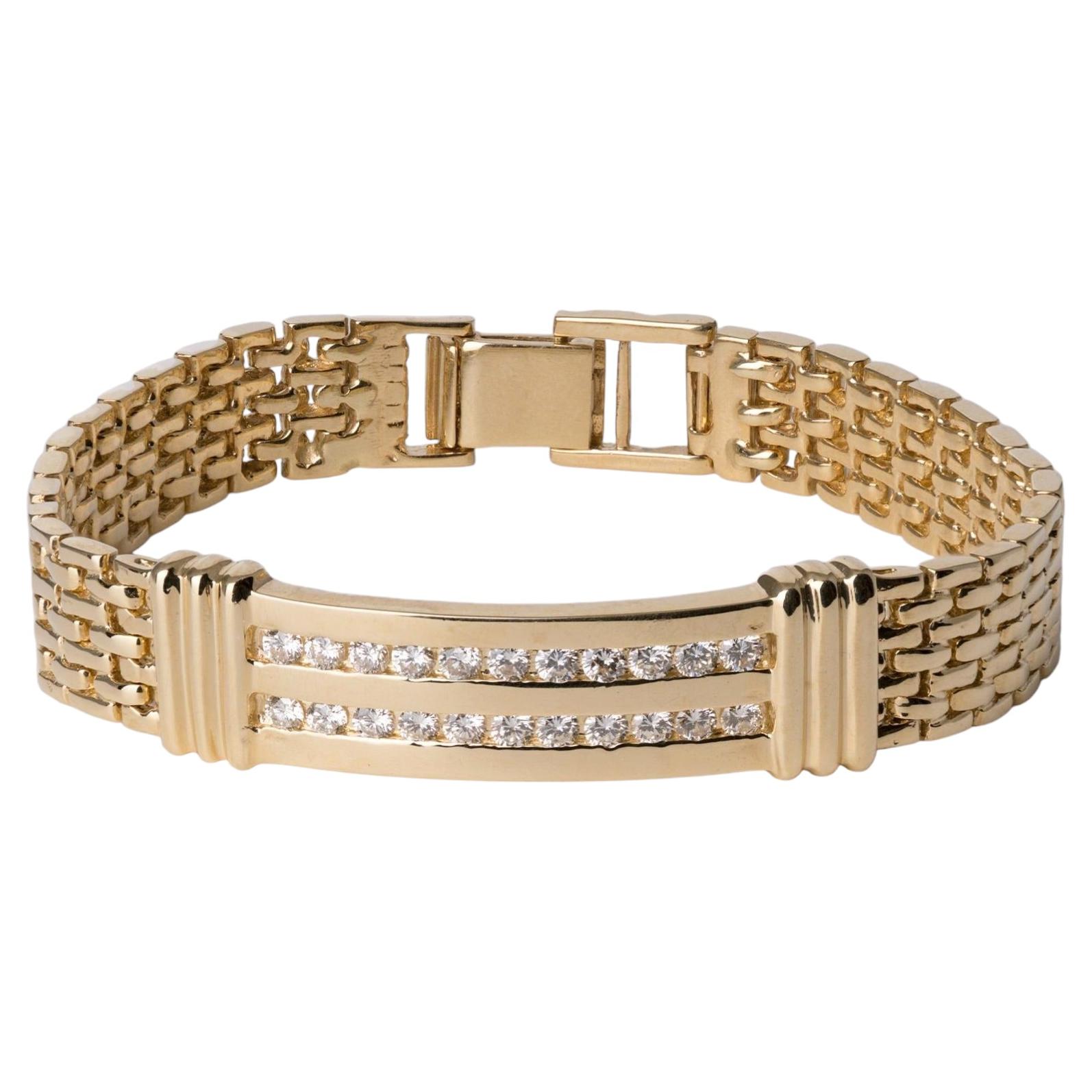 Vintage 1980s 2-Row Diamond 14k Yellow Gold Estate ID Link Bracelet