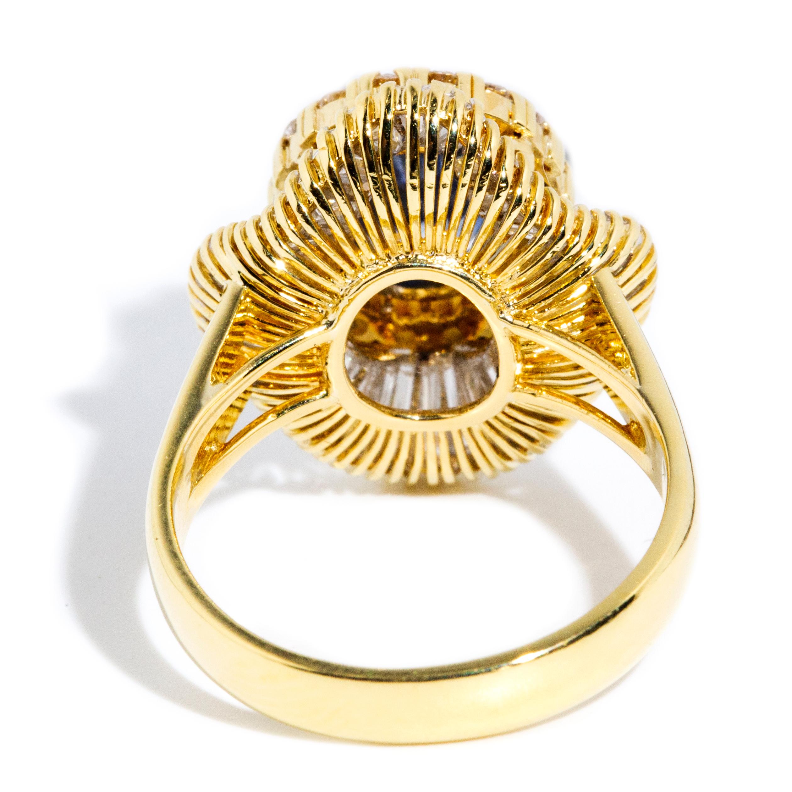 Vintage 1980s 2.23ct Oval Ceylon Sapphire & Diamond Ballerina Ring 18 Carat Gold For Sale 5