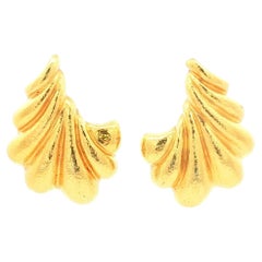 Vintage 1980s 22K Zolotas Yellow Gold Greek Ginkgo Leaf Clip Earrings