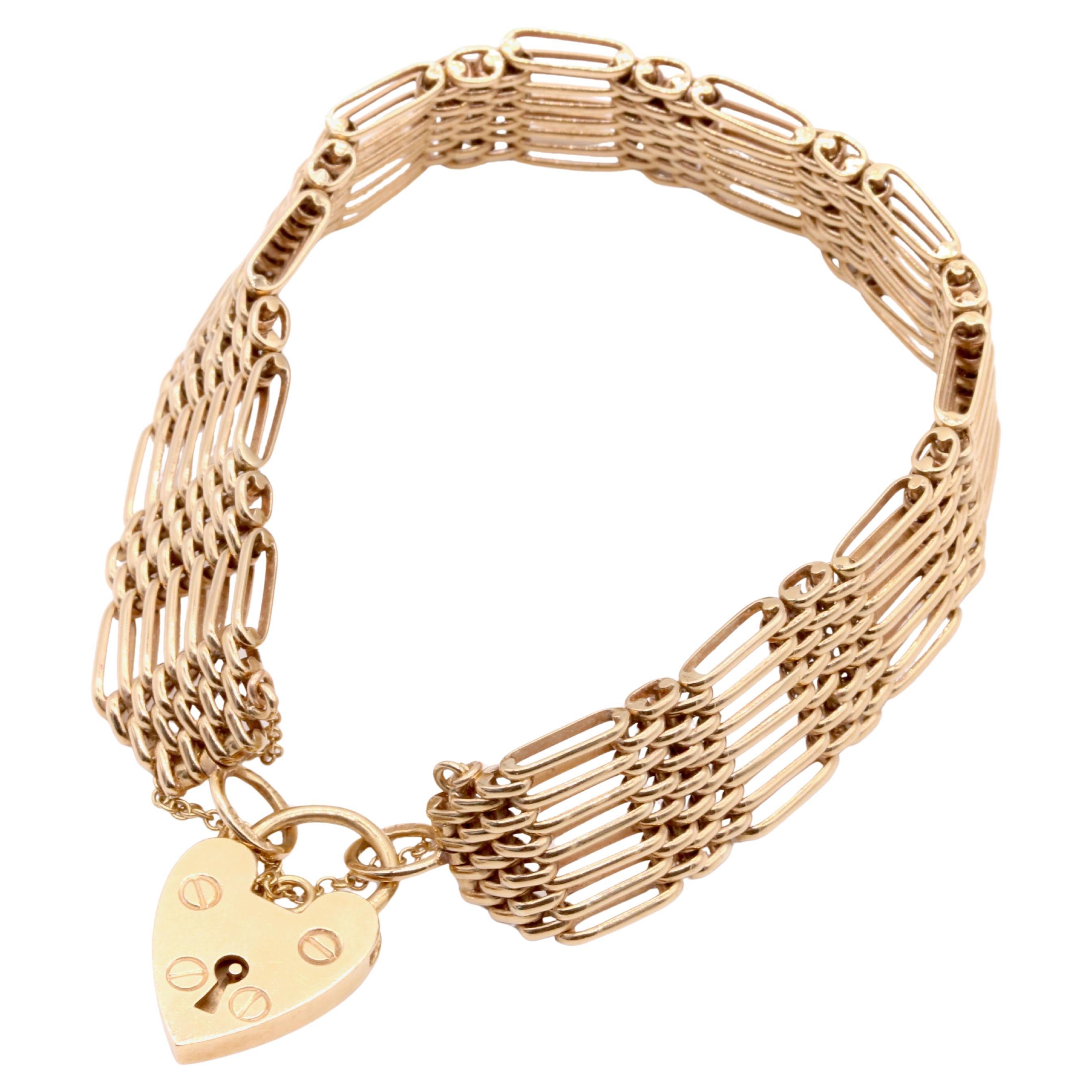 Vintage 1980s 24.8g 9K Yellow Gold Gate Link Bracelet with Heart Padlock