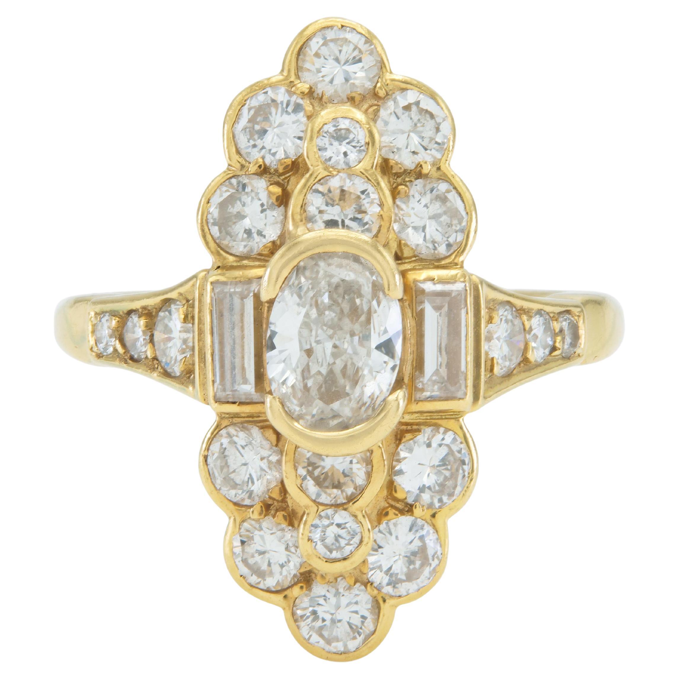 Vintage 1980er Jahre 2,50 Karat Diamanten im Mischschliff Navette Ring