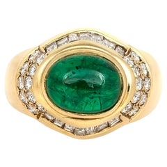 Vintage 1980s 2.69 Carat Cabochon Emerald Ring and Diamonds