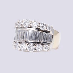 Vintage 1980s 3 Carat Baguette and Round Diamond Two-Tone Gold Wide Band Ring
