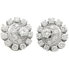 Vintage 1980s 3.05 Carat Diamond White Gold and Platinum Set Cluster Earrings