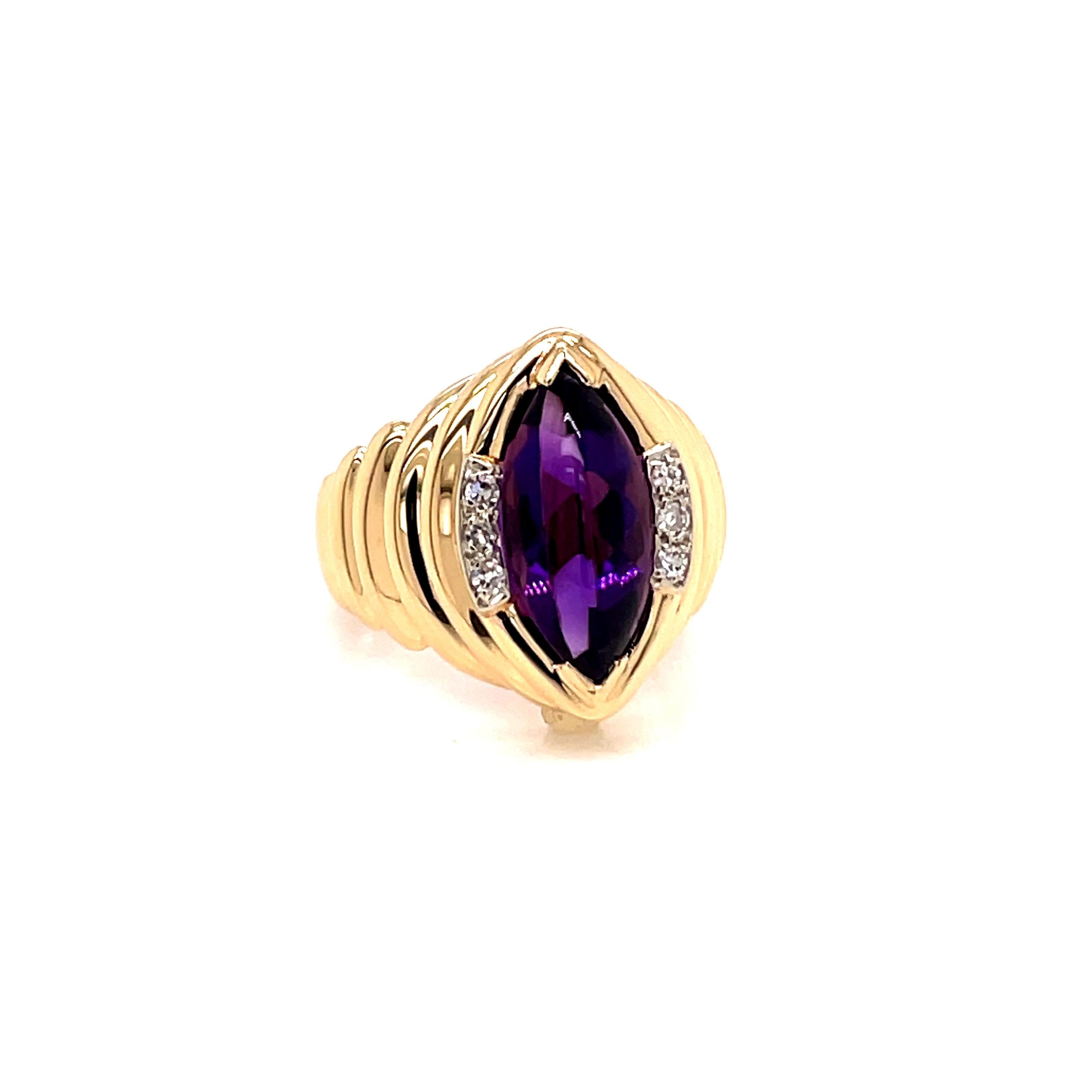 Vintage 1980's 3.50ct Marquise Cabochon Amethyst Ring with Diamonds - the amethyst weighs approximately 3.50ct and measures 14 x 7.2mm.  It is accented with 6 single cut diamonds weighing approximately .10ct G - H color and SI clarity.  The setting