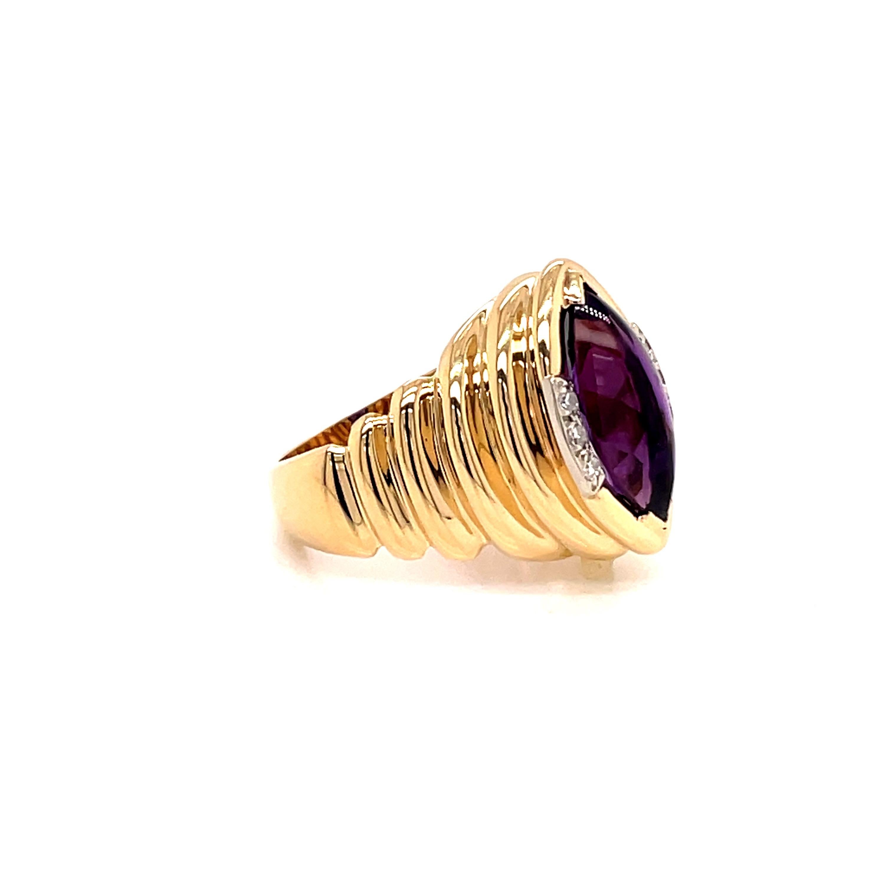 Contemporary Vintage 1980's 3.50ct Marquise Cabochon Amethyst Ring with Diamonds For Sale