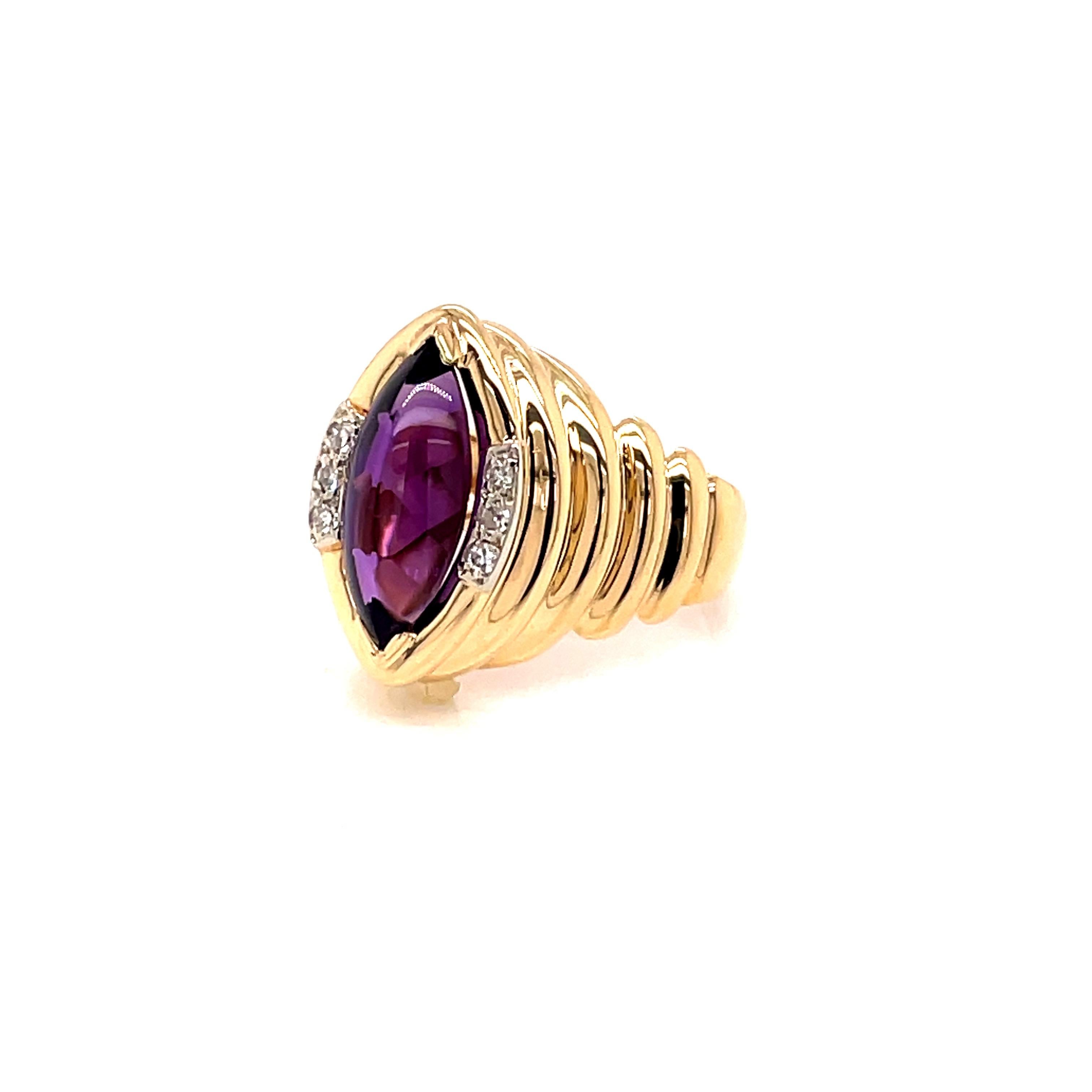 Vintage 1980's 3.50ct Marquise Cabochon Amethyst Ring with Diamonds In Excellent Condition For Sale In Boston, MA
