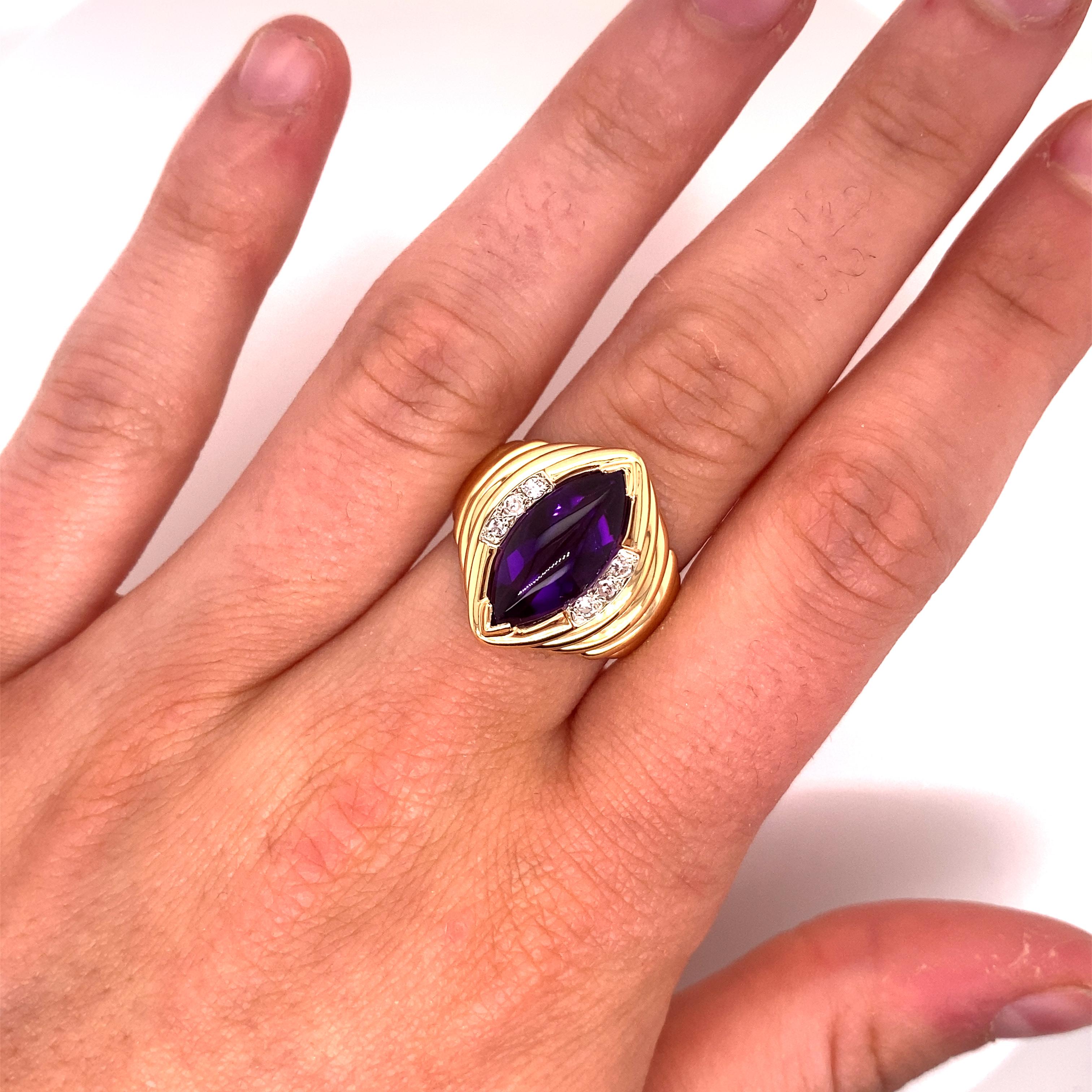 Vintage 1980's 3.50ct Marquise Cabochon Amethyst Ring with Diamonds For Sale 2