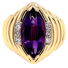 Vintage 1980's 3.50ct Marquise Cabochon Amethyst Ring with Diamonds