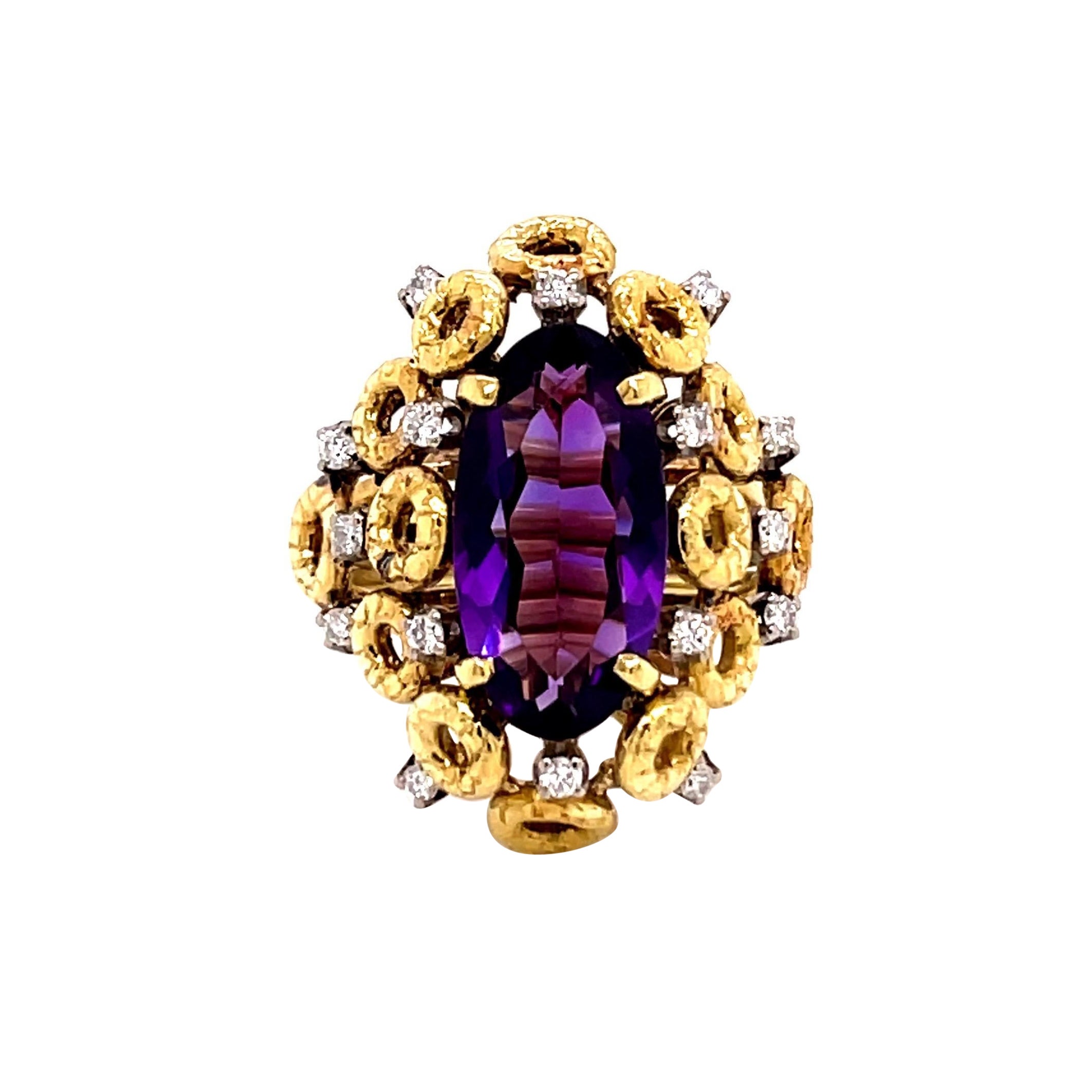 Anello vintage del 1980 con ametista taglio ovale da 3 carati e diamanti