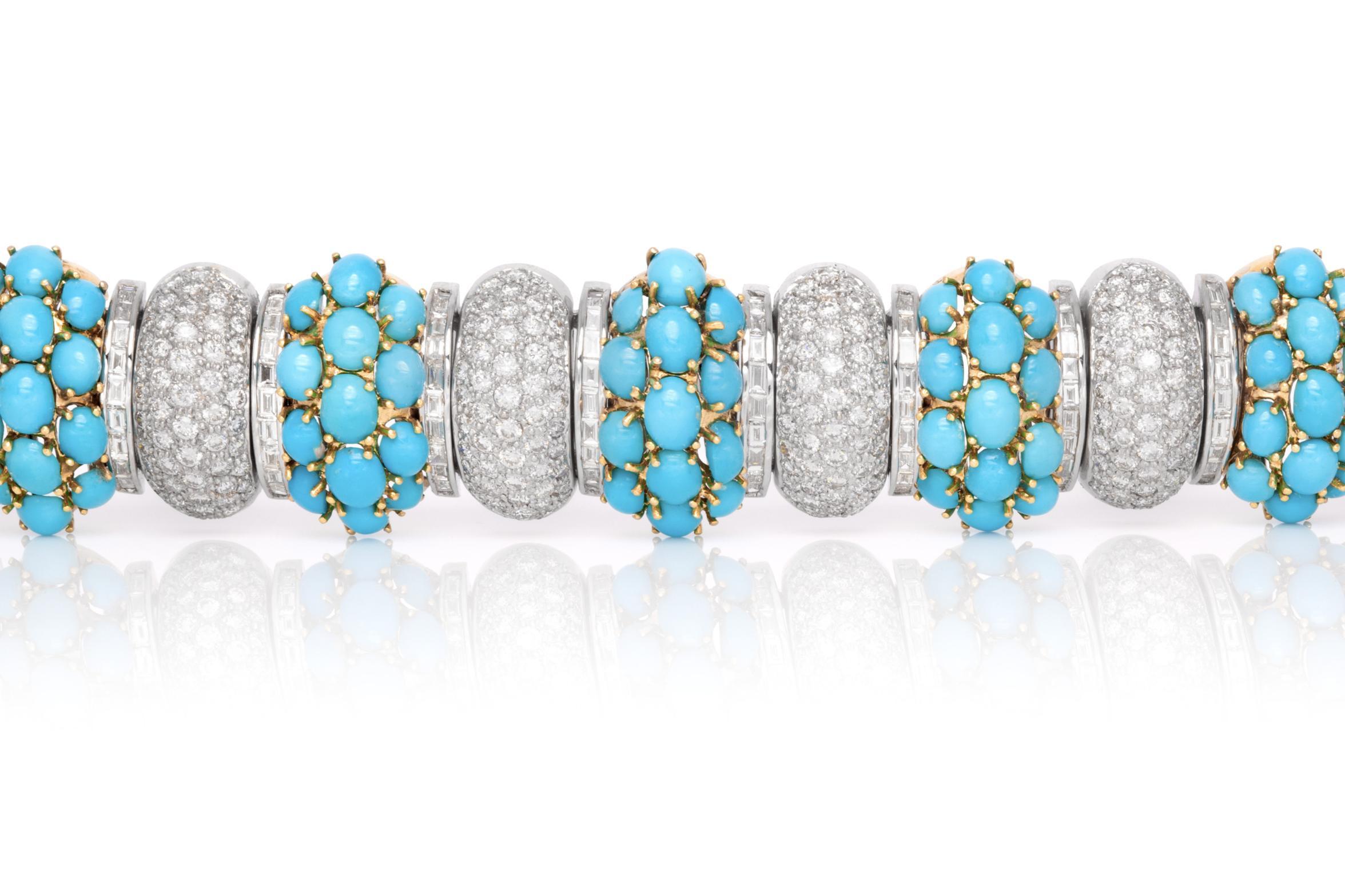 Cabochon Vintage 1980s 41.75 Carat Turquoise and 15.75 Carat Diamond Bracelet For Sale