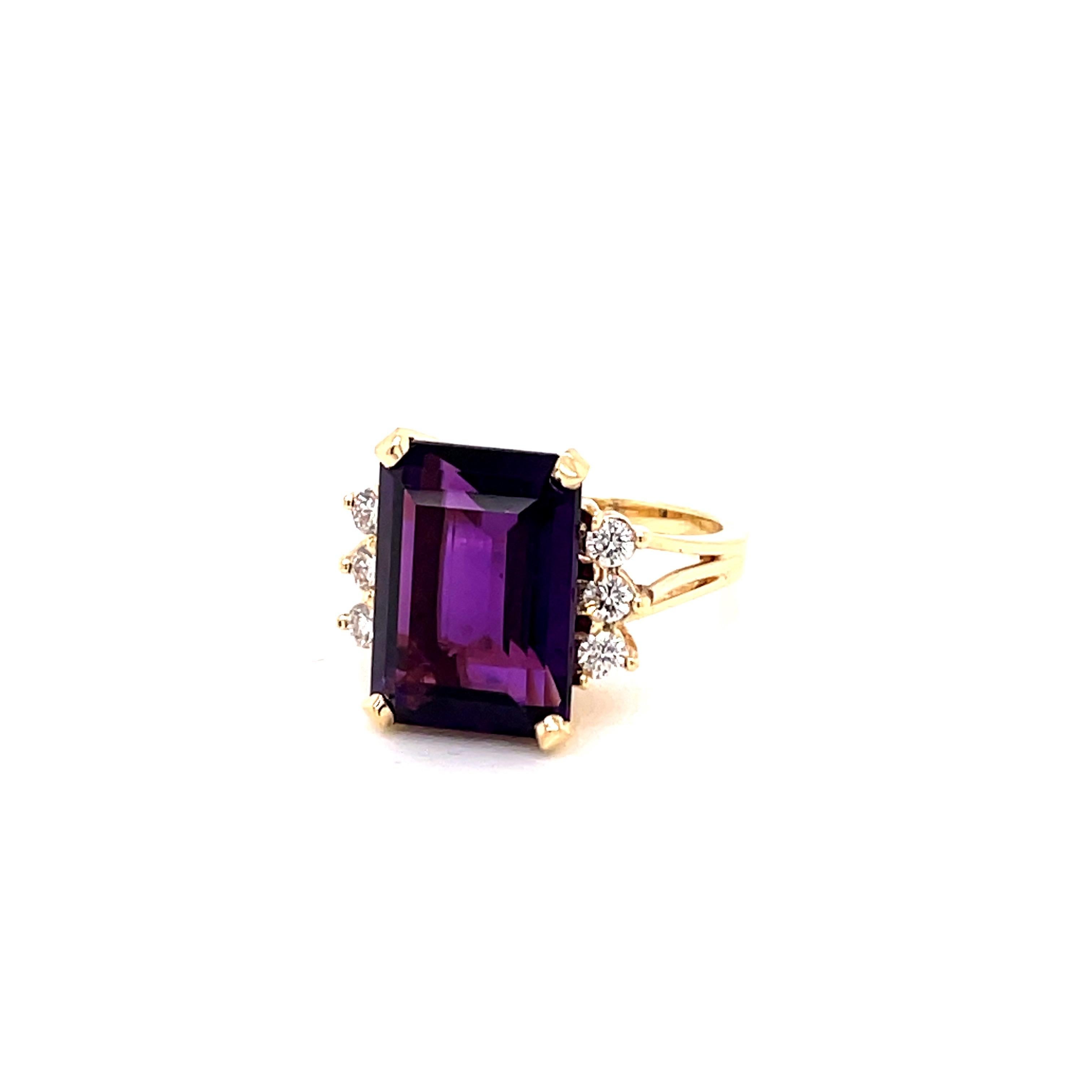 Vintage 1980's 7.35ct Emerald Cut Amethyst Ring with Diamonds In Excellent Condition In Boston, MA