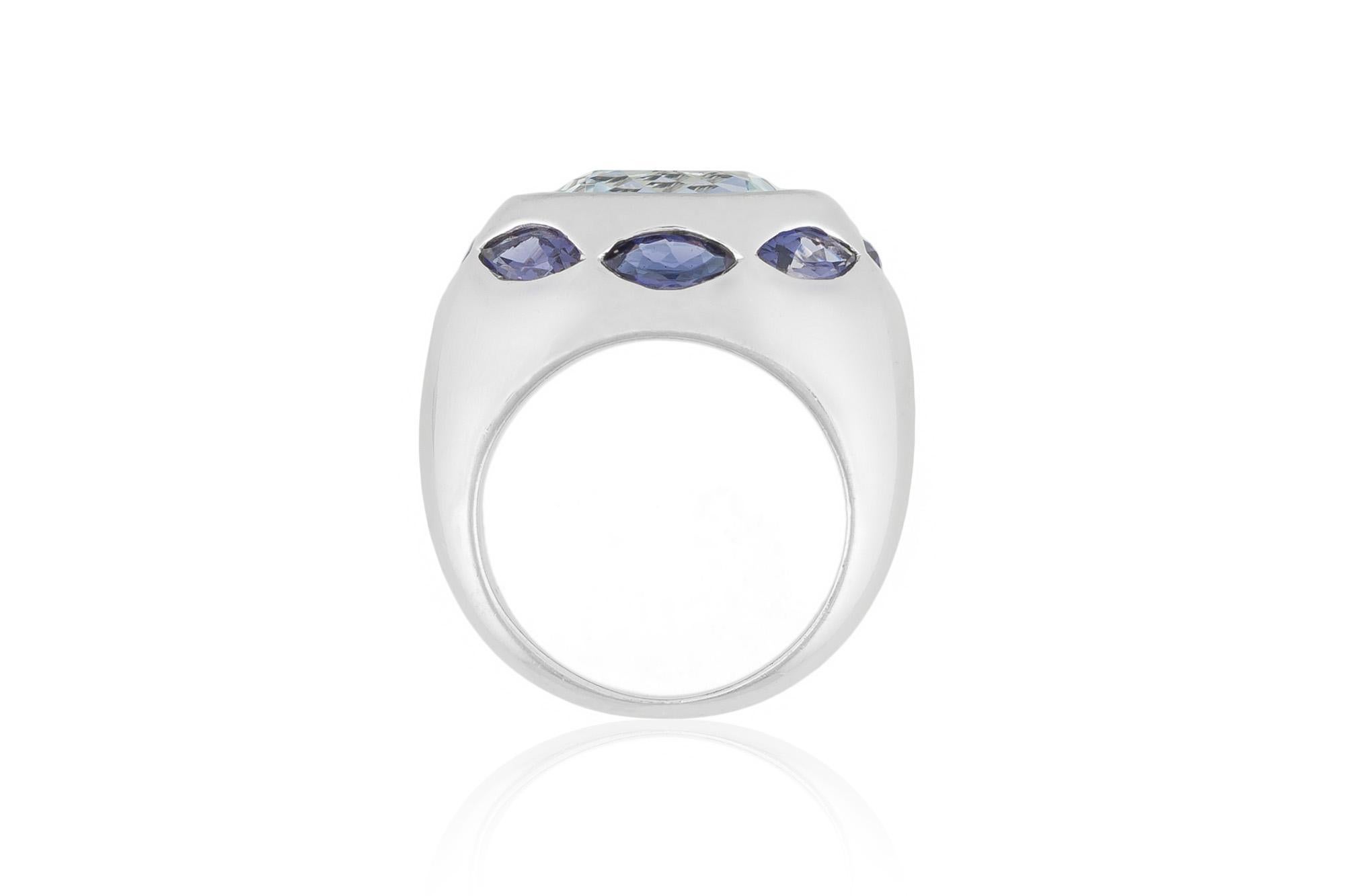 Vintage 1980er Jahre 8,00 Karat Aquamarin-Ring mit Kissenschliff und Tansaniten Damen im Angebot