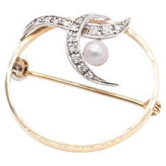Vintage 1980s 9K Yellow Gold and White Gold Diamond and Pearl Circular Brooch