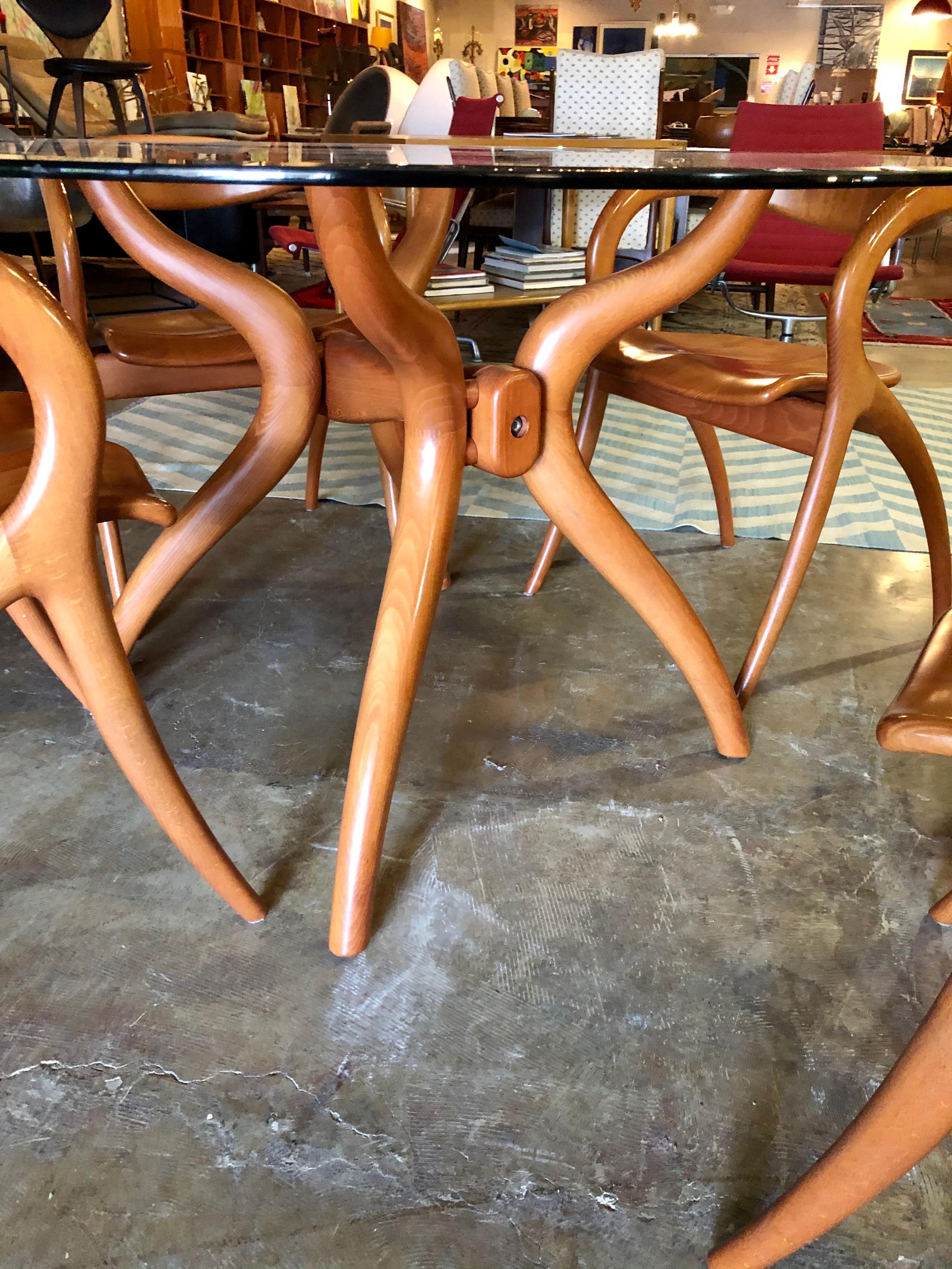 Modern Vintage 1980s A. Sibau Sculptural Cherrywood Chairs and Glass Dining Table Set