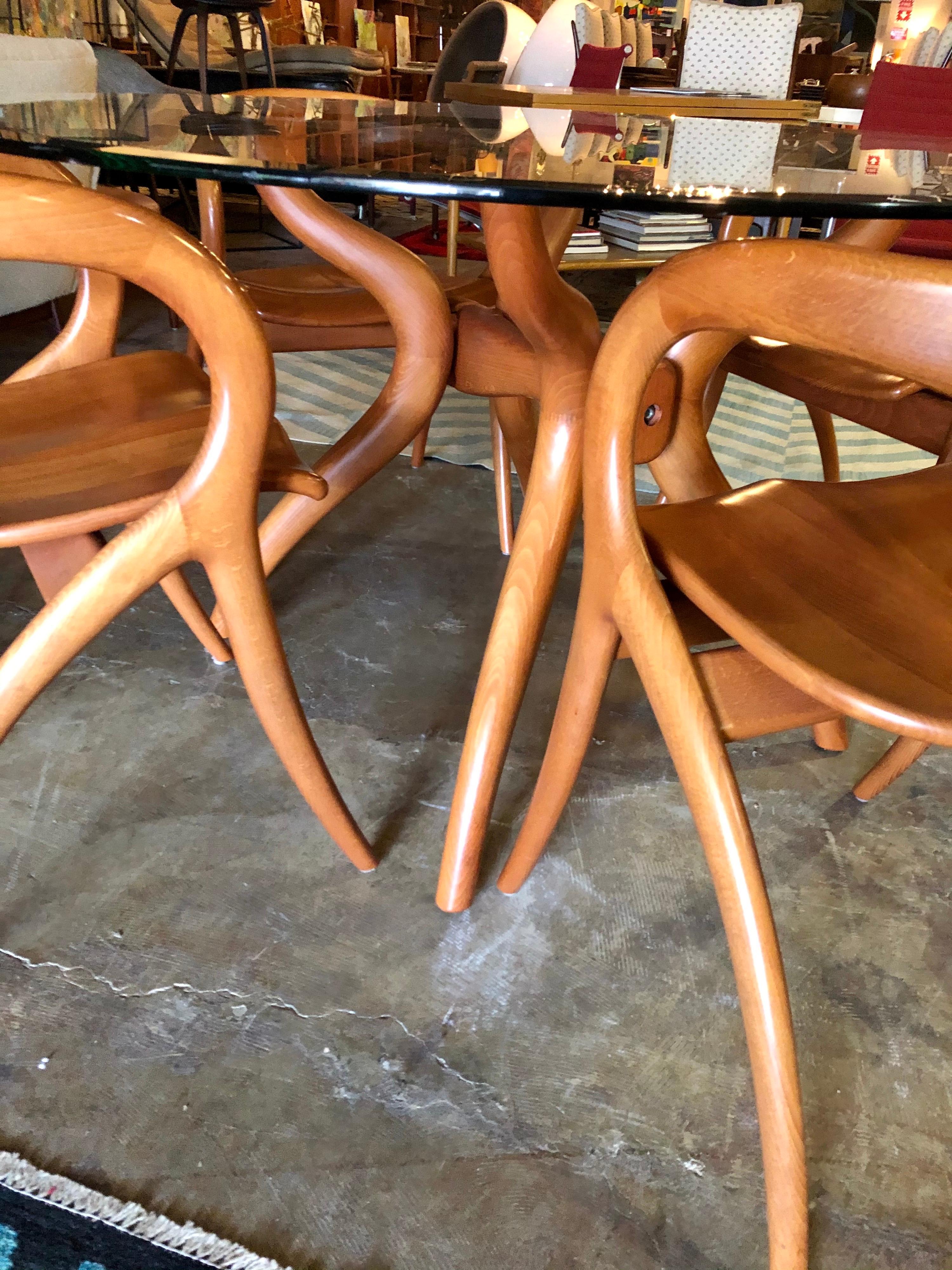 Italian Vintage 1980s A. Sibau Sculptural Cherrywood Chairs and Glass Dining Table Set