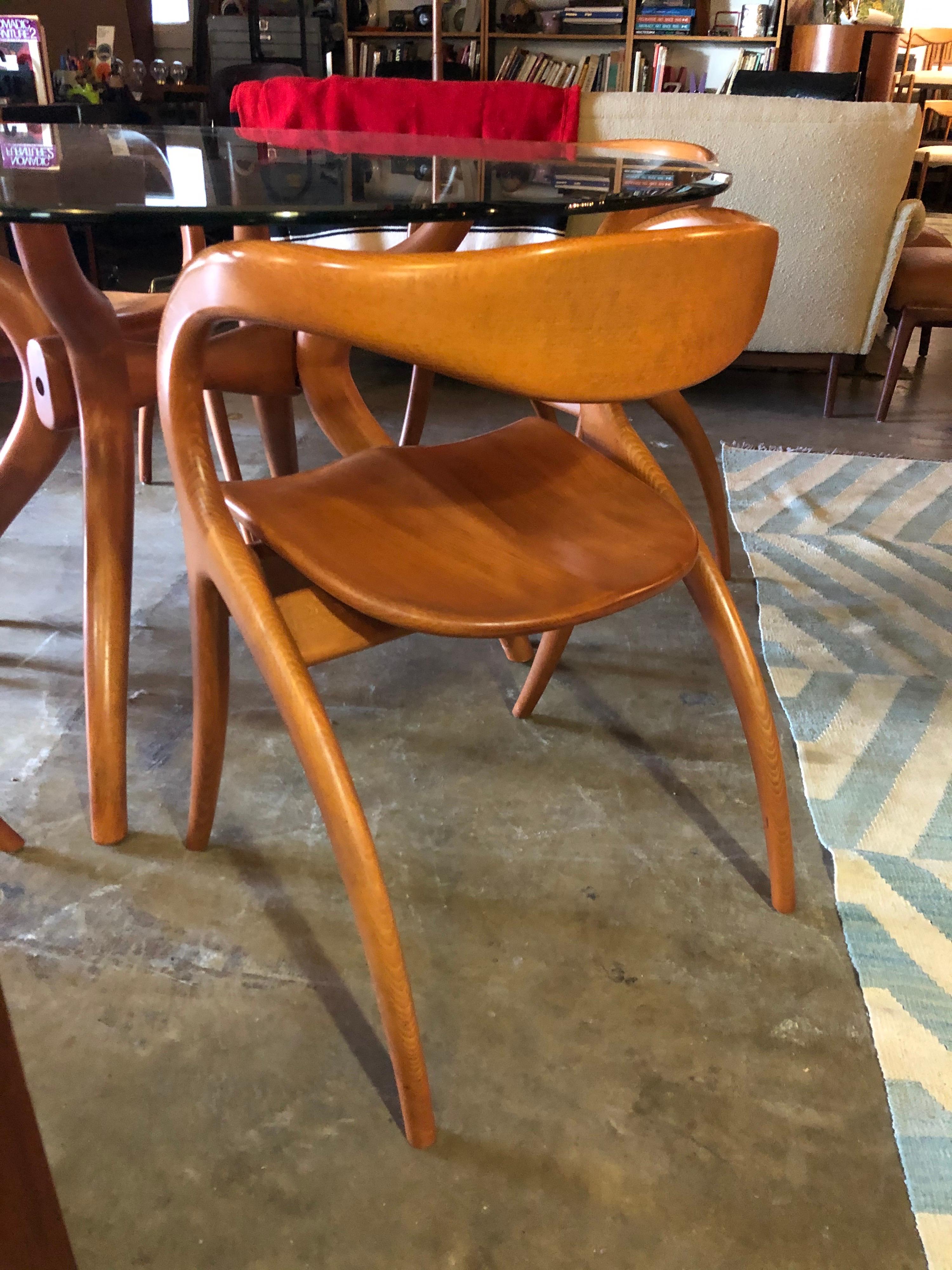 20th Century Vintage 1980s A. Sibau Sculptural Cherrywood Chairs and Glass Dining Table Set