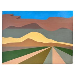Vintage 1980
s Abstract Color Block Style Desert Landscape Painting on Canvas