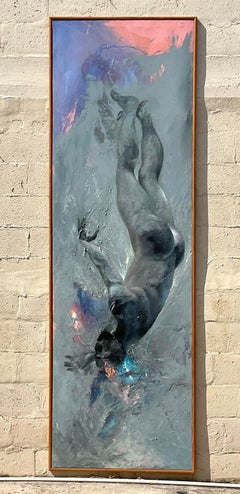 Vintage 1980s Abstract Expressionism Oil on Canvas “Falling Man” Signed Tin Ly