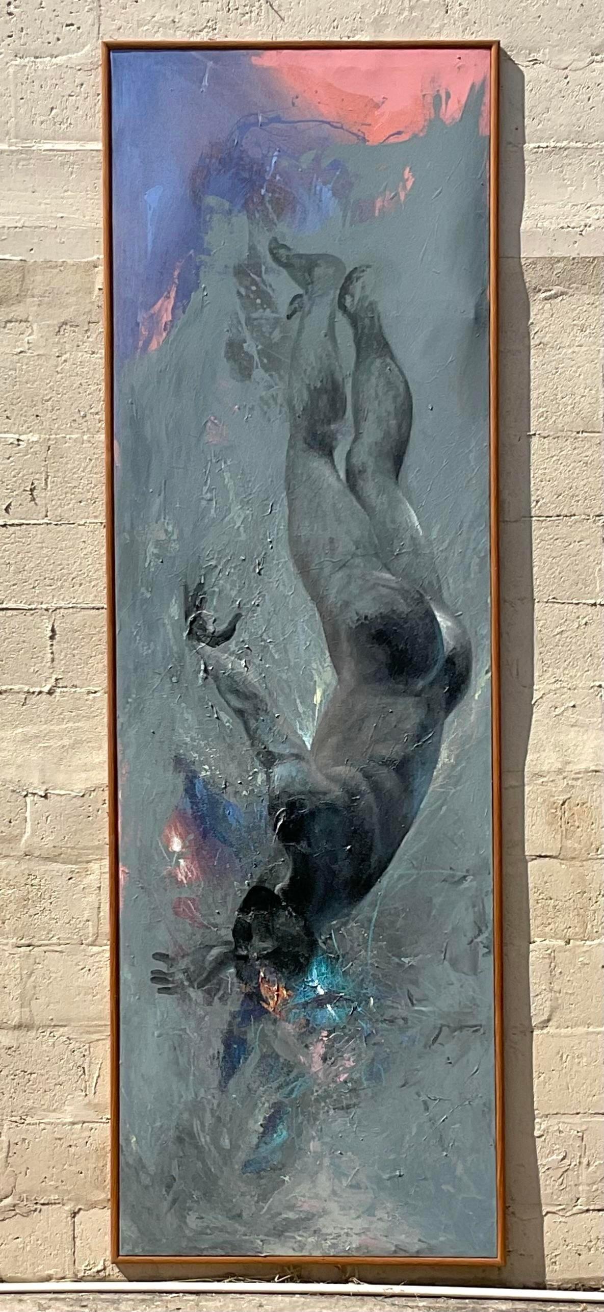 Vintage 1980s Abstract Expressionism Oil on Canvas “Falling Man” Signed Tin Ly In Good Condition For Sale In west palm beach, FL