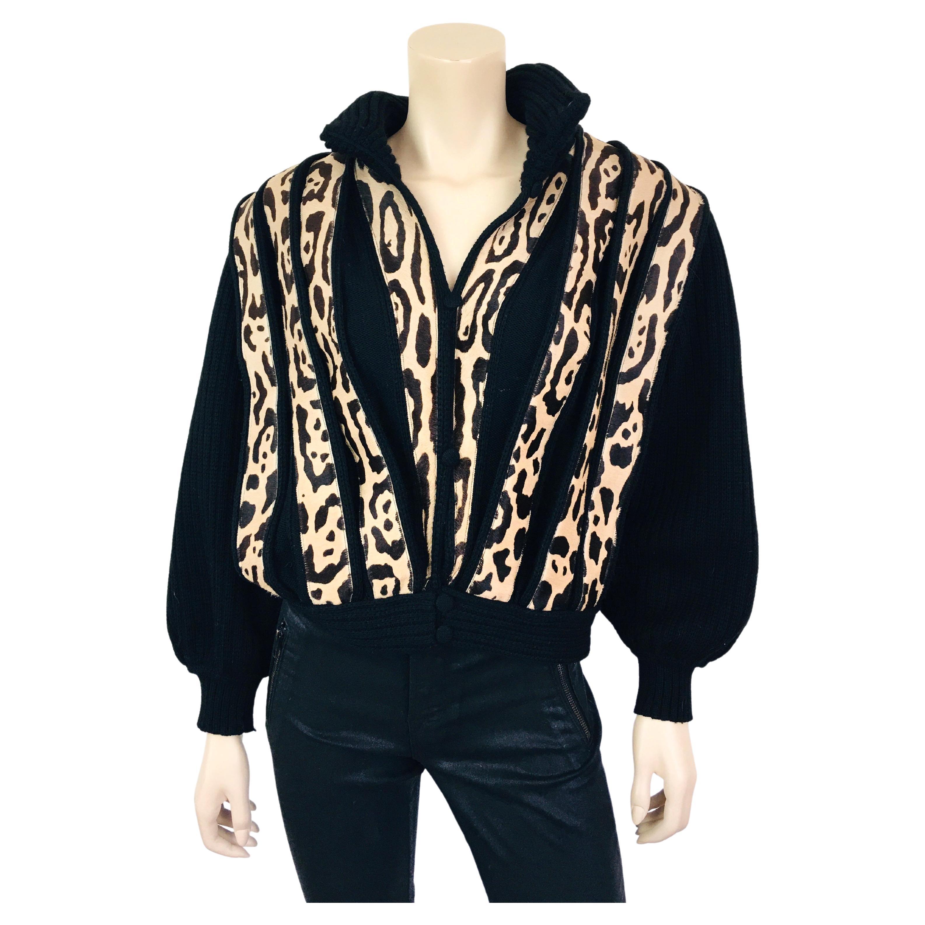 Vintage 1980s Amen Wardy Leopard Print Cowhide & Sweater Knit Bomber Jacket