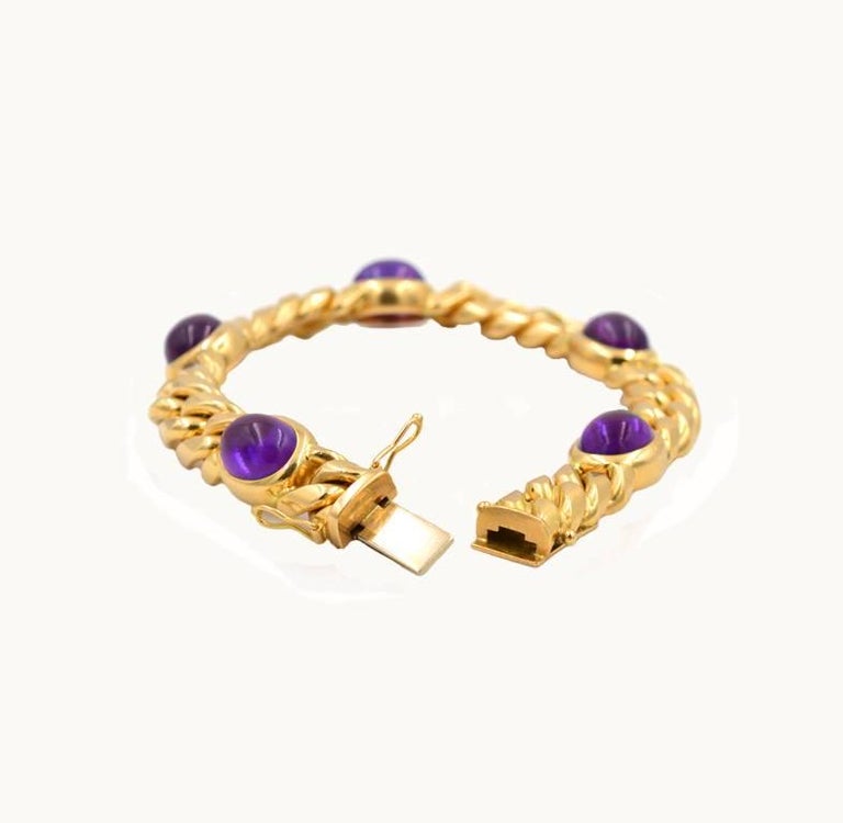 Vintage 1980s Amethyst and 18 Karat Yellow Gold Link Bracelet For Sale