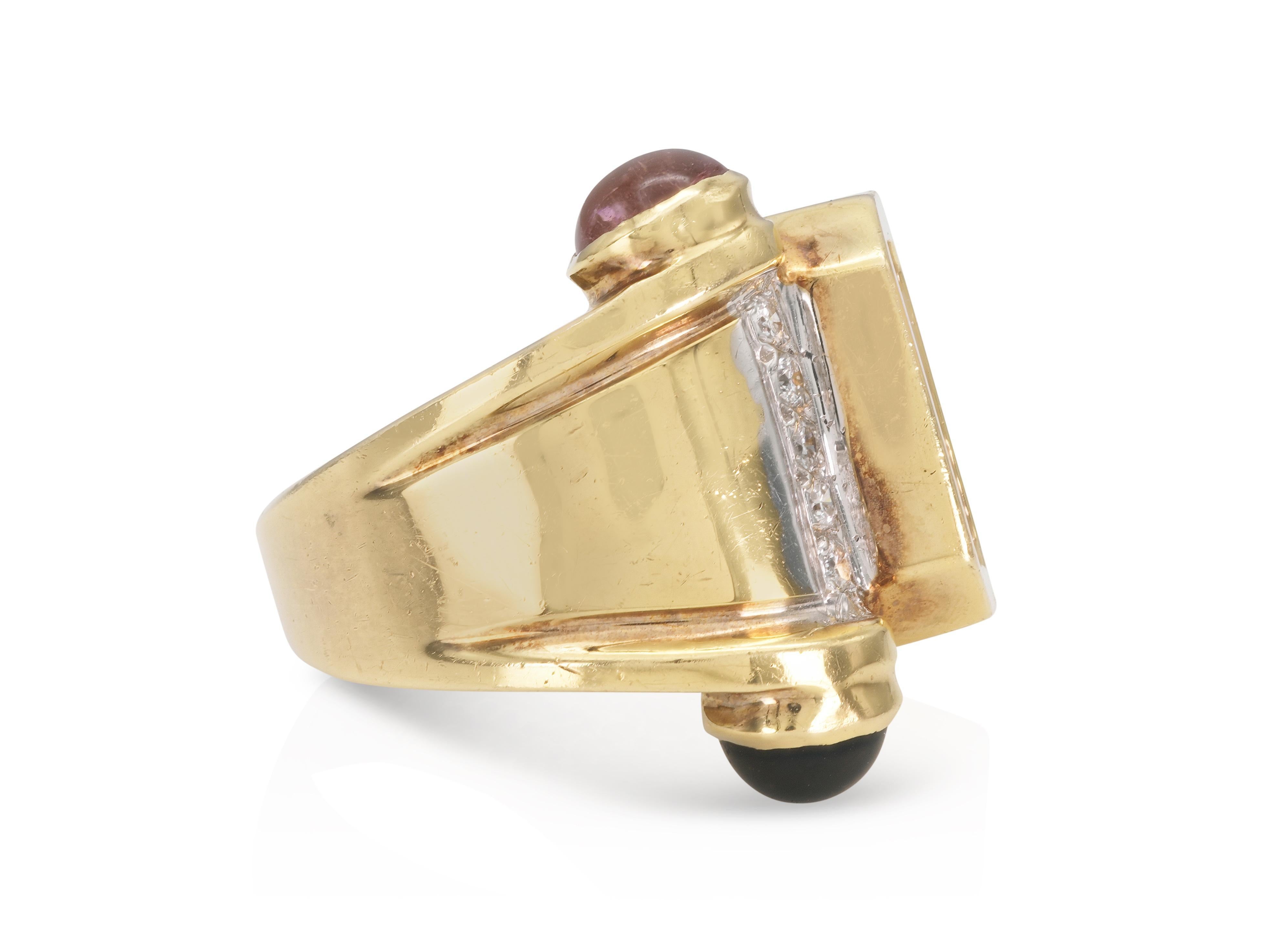Anillo vintage de aguamarina, diamantes y turmalina de los años 80 Corte esmeralda en venta