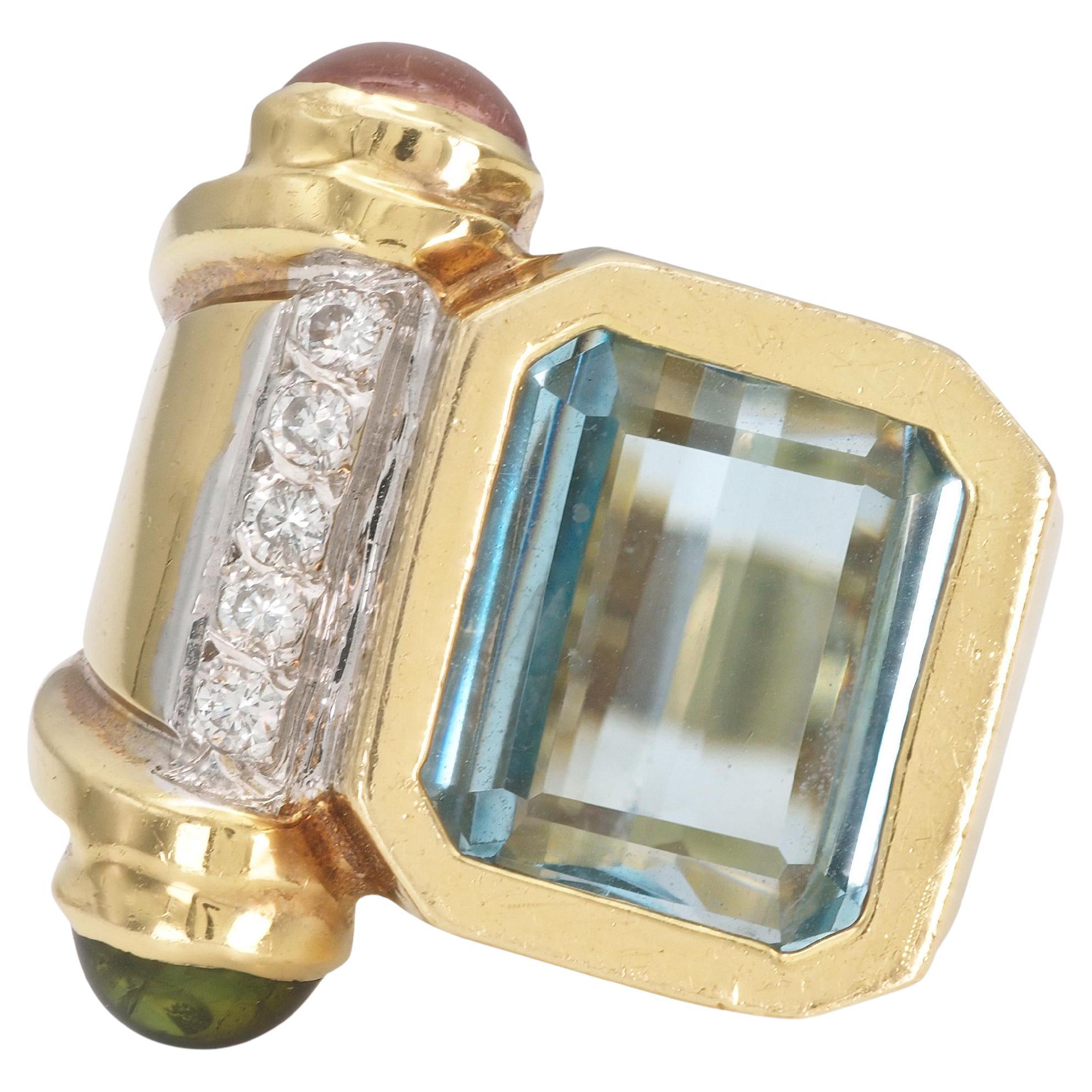 Vintage 1980s Aquamarine, Diamond & Tourmaline Ring