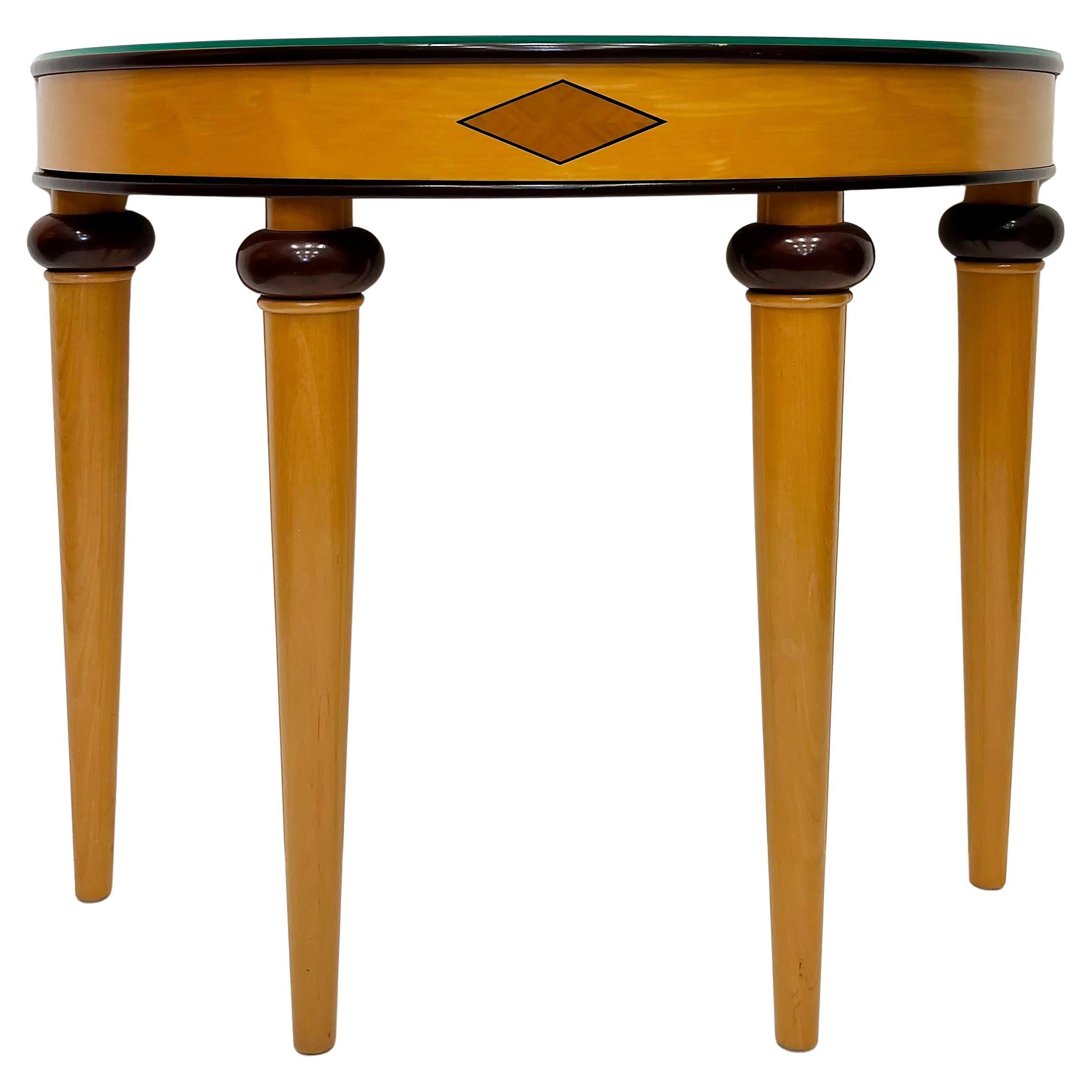 Tavolo consolle in legno Demi-Lune vintage Art Deco Revival degli anni '80, montato  Piano in vetro in vendita