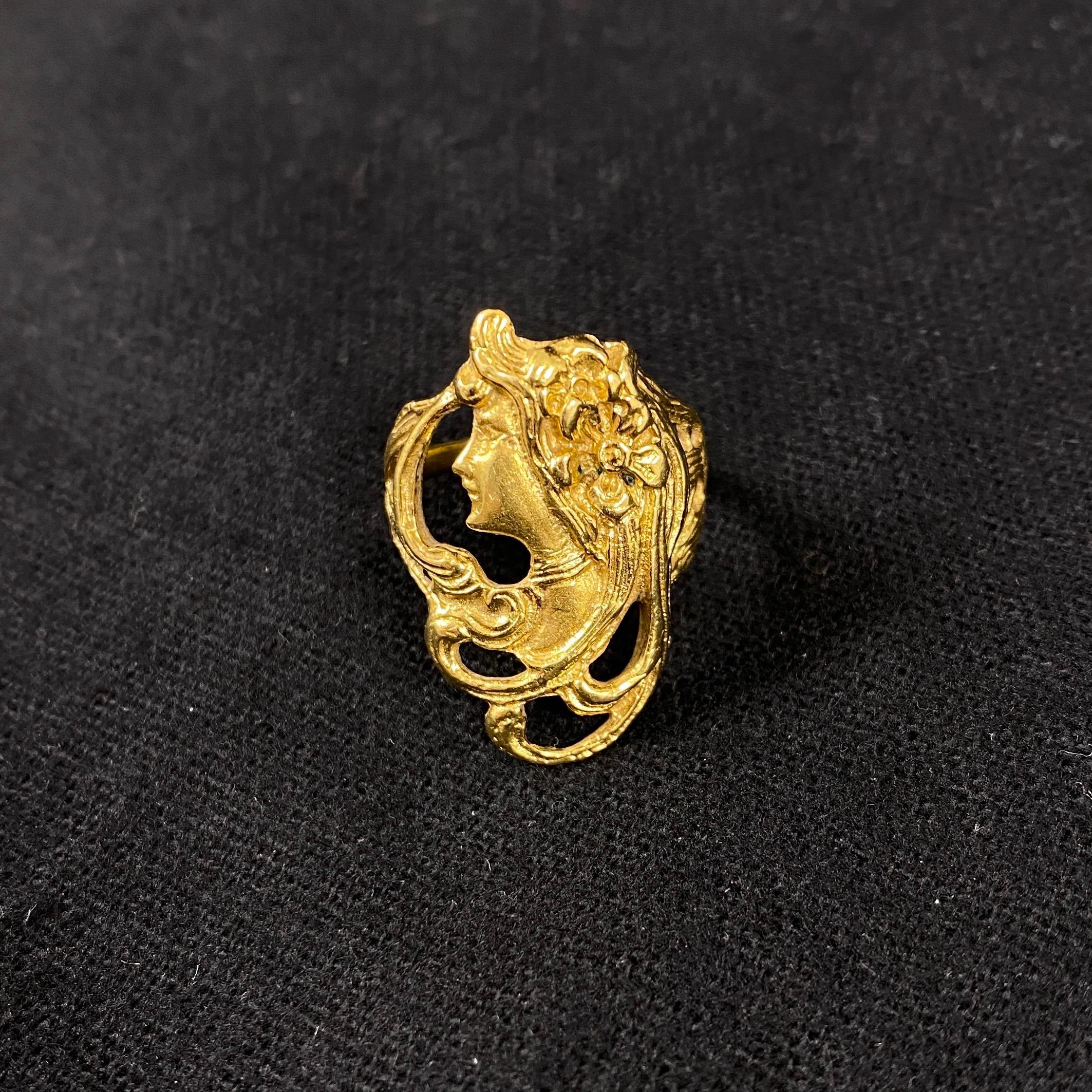 Vintage 1980s Art Nouveau Style Female Figure Openwork Ring Yellow Gold Signed 9