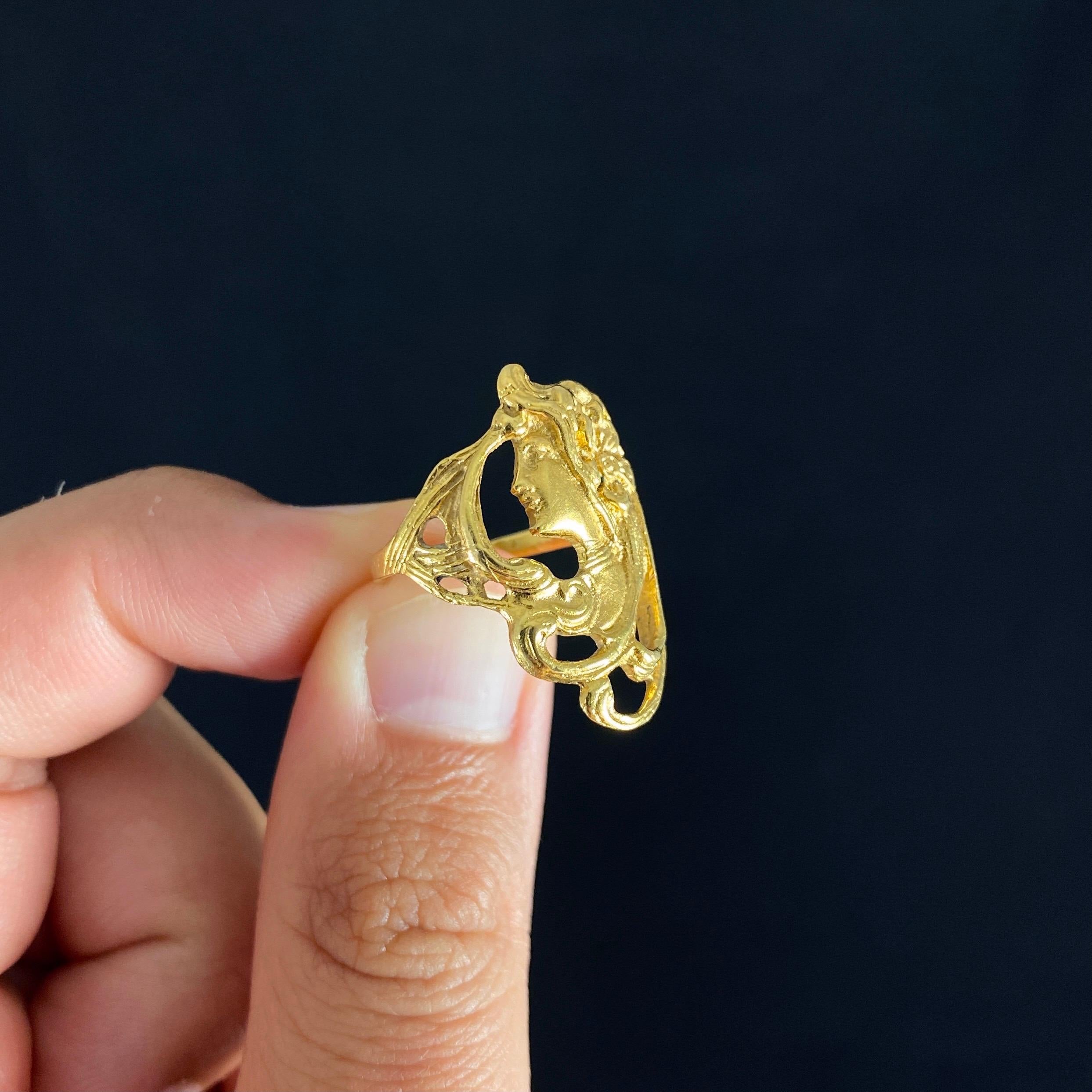 Vintage 1980s Art Nouveau Style Female Figure Openwork Ring Yellow Gold Signed 4