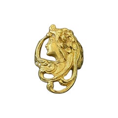 Vintage 1980s Art Nouveau Style Female Figure Openwork Ring Yellow Gold Signed