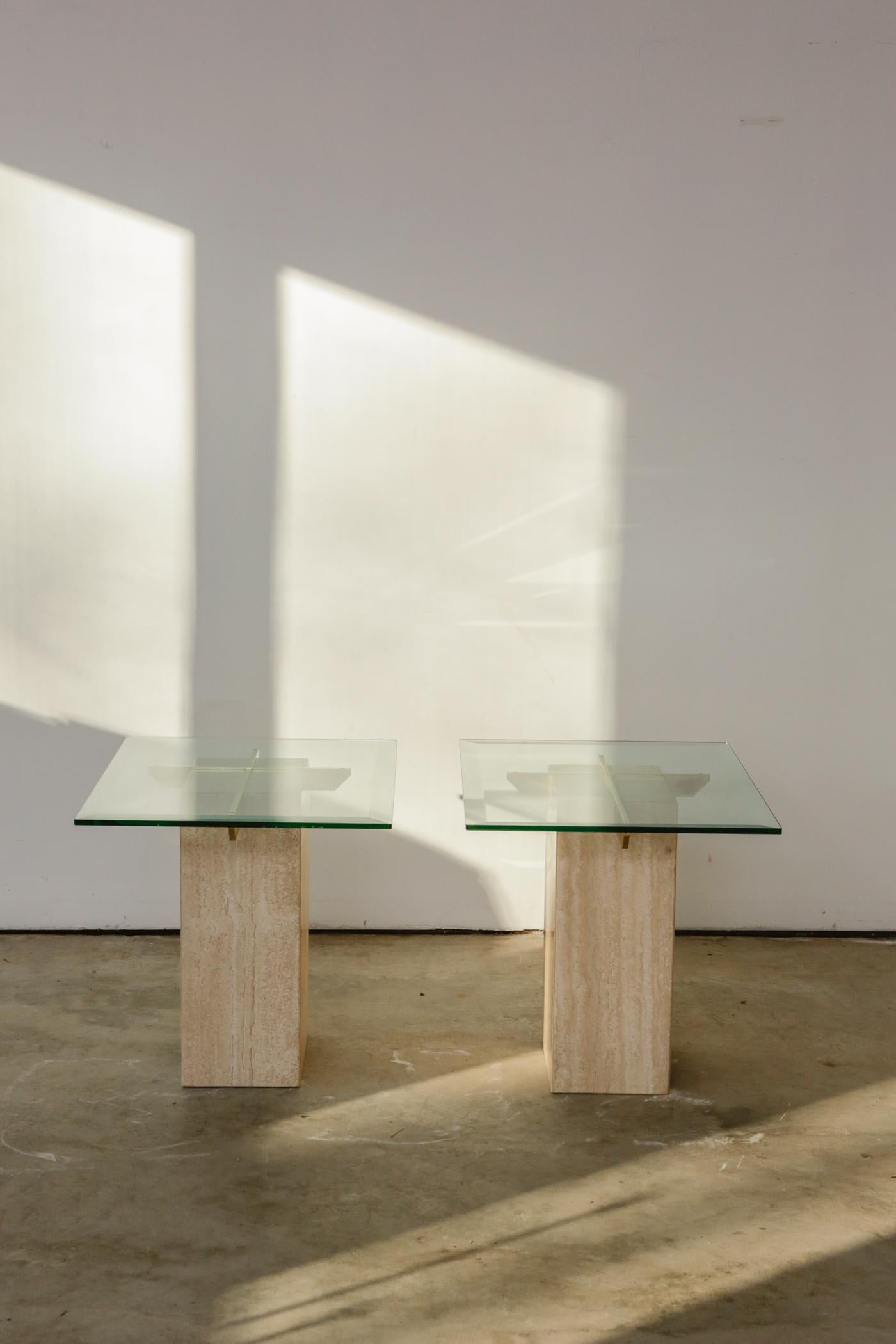 Vintage 1980s Artedi Italian Travertine and Brass Side Tables For Sale 5