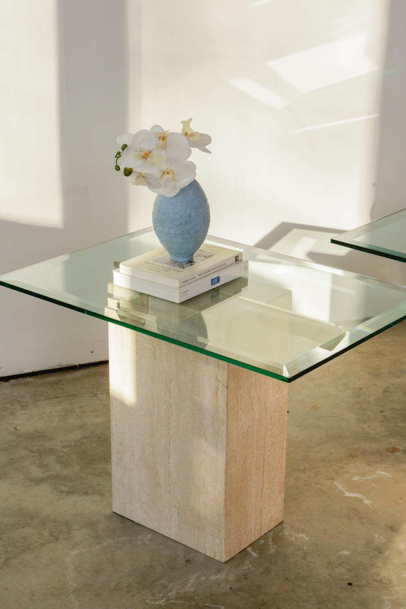 Vintage 1980s Artedi Italian Travertine and Brass Side Tables In Good Condition For Sale In Armonk, NY