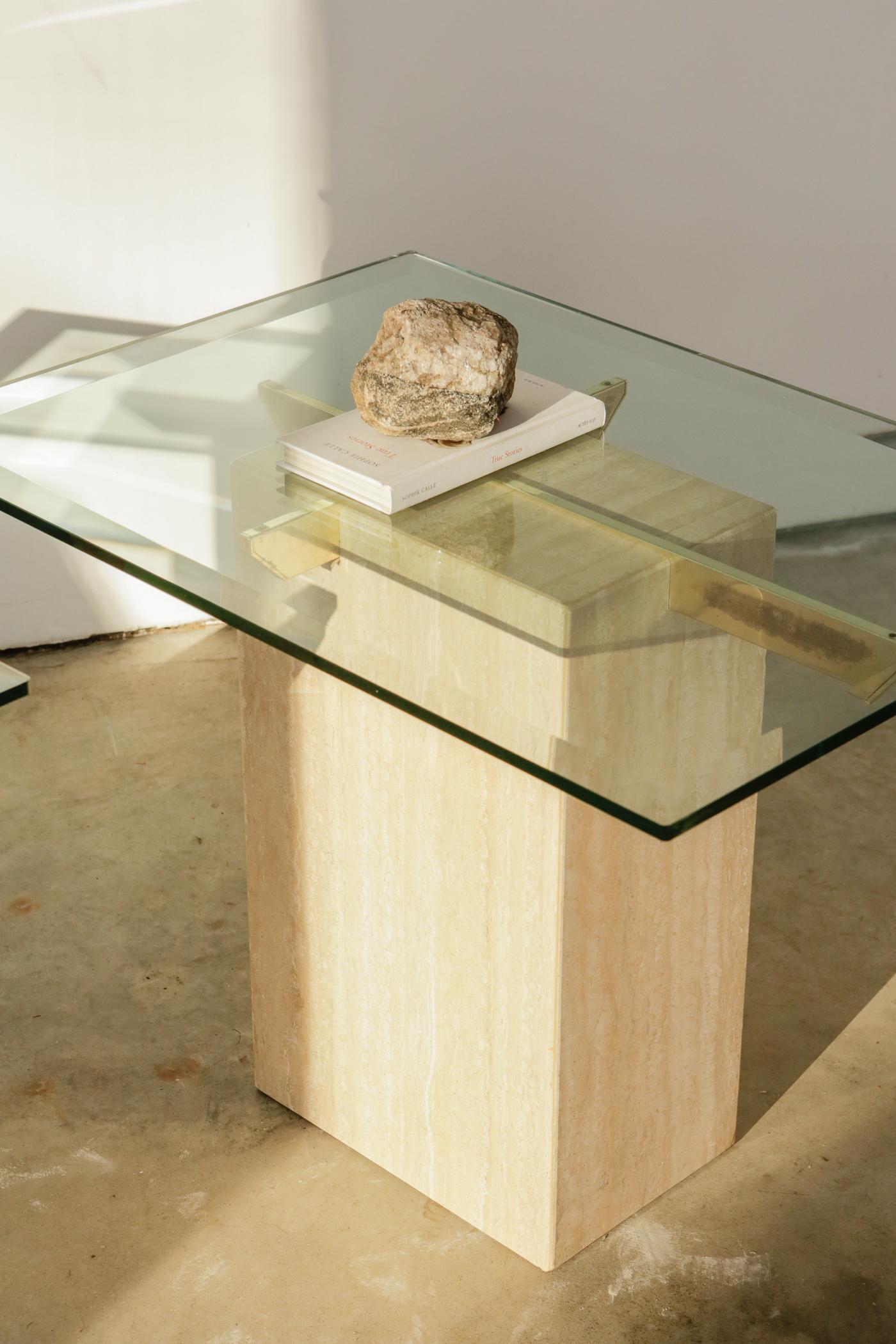 Late 20th Century Vintage 1980s Artedi Italian Travertine and Brass Side Tables For Sale