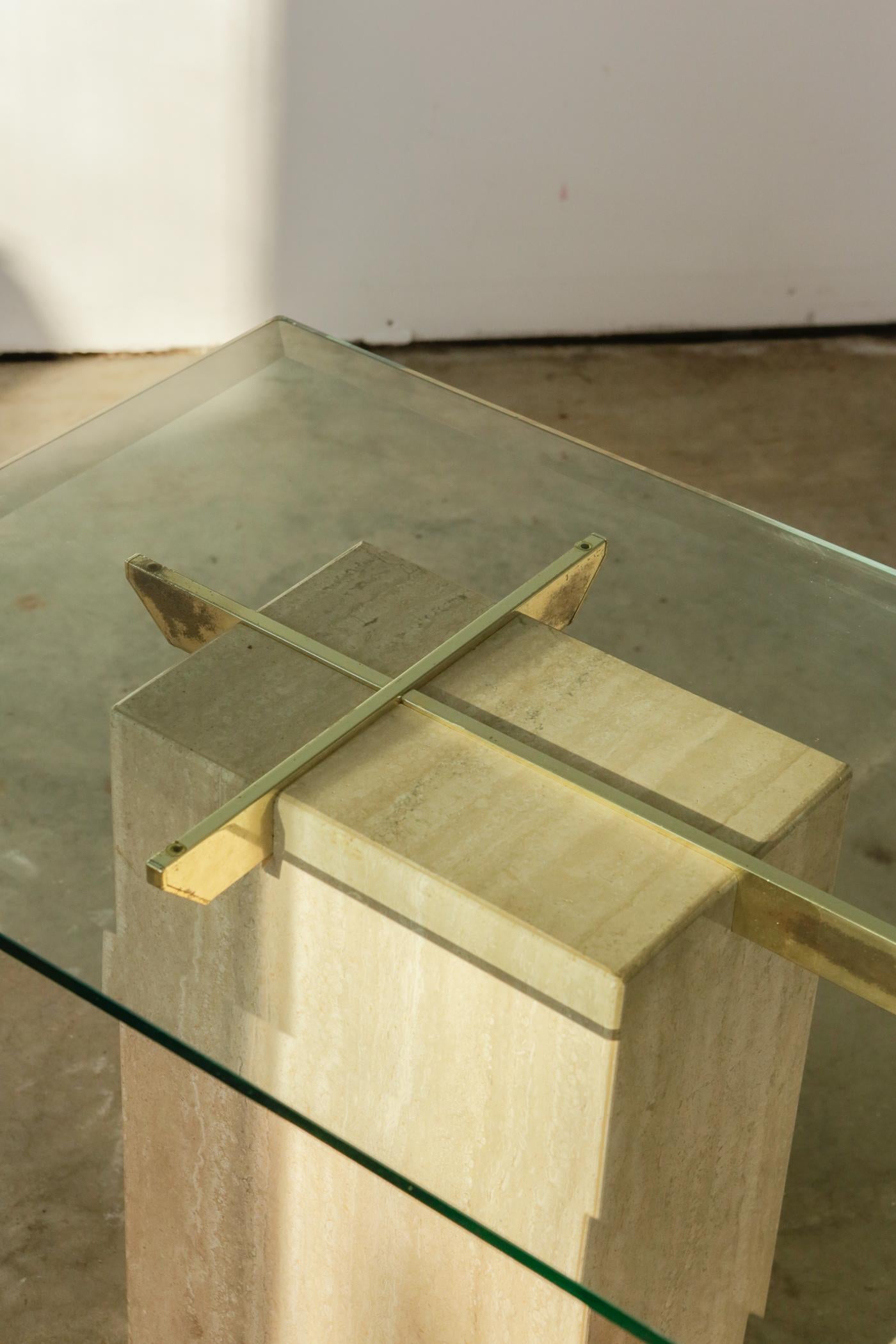 Vintage 1980s Artedi Italian Travertine and Brass Side Tables For Sale 1
