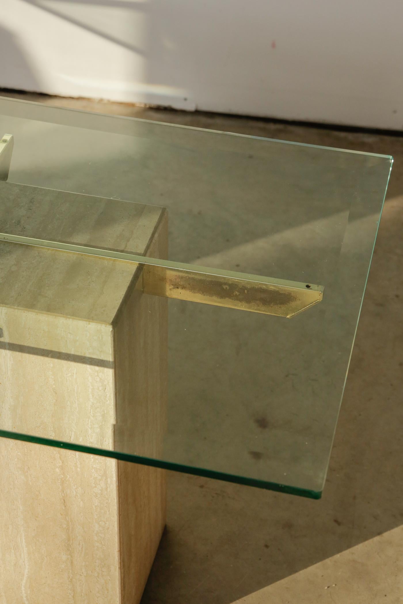 Vintage 1980s Artedi Italian Travertine and Brass Side Tables For Sale 3