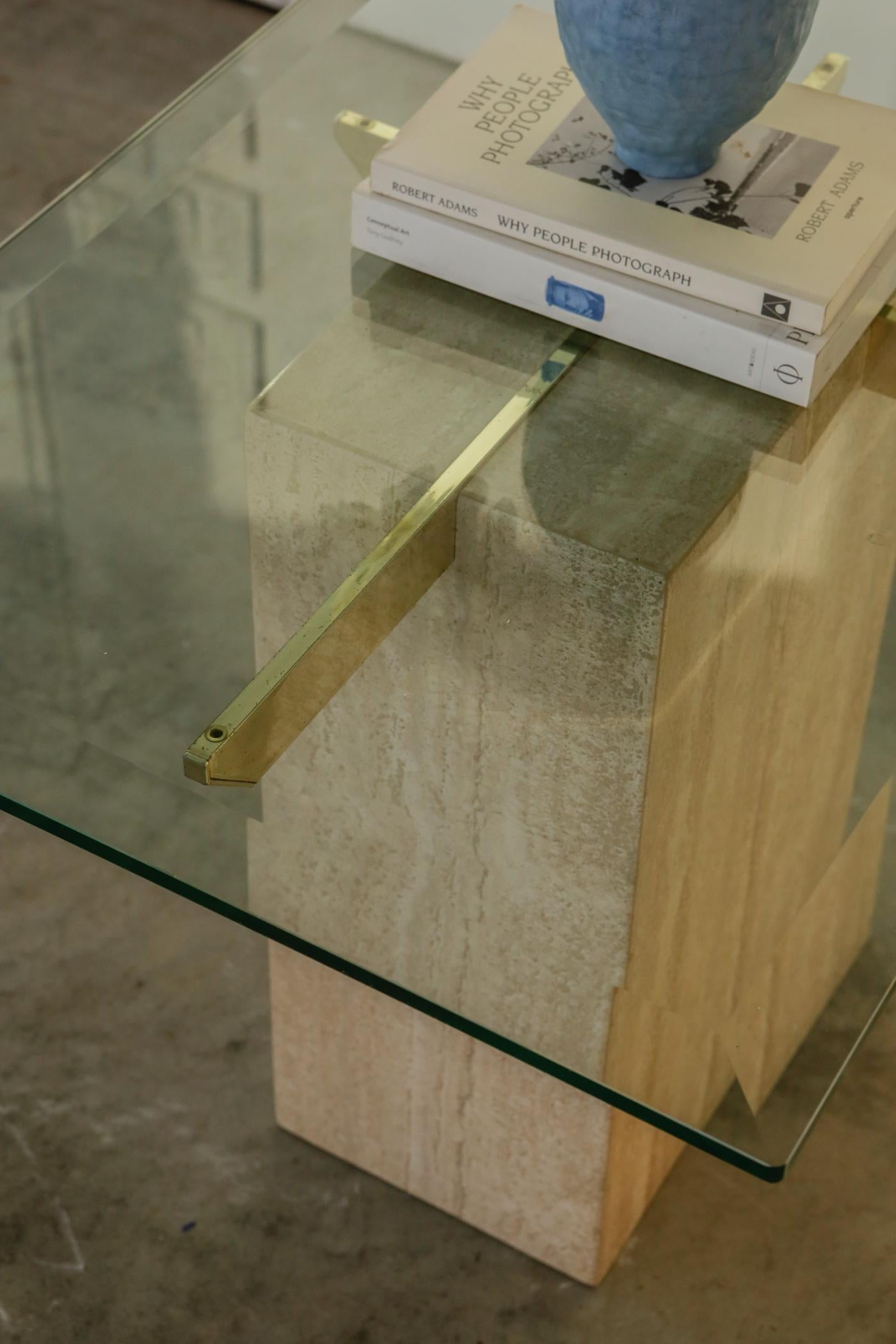 Vintage 1980s Artedi Italian Travertine and Brass Side Tables For Sale 4