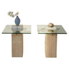 Vintage 1980s Artedi Italian Travertine and Brass Side Tables