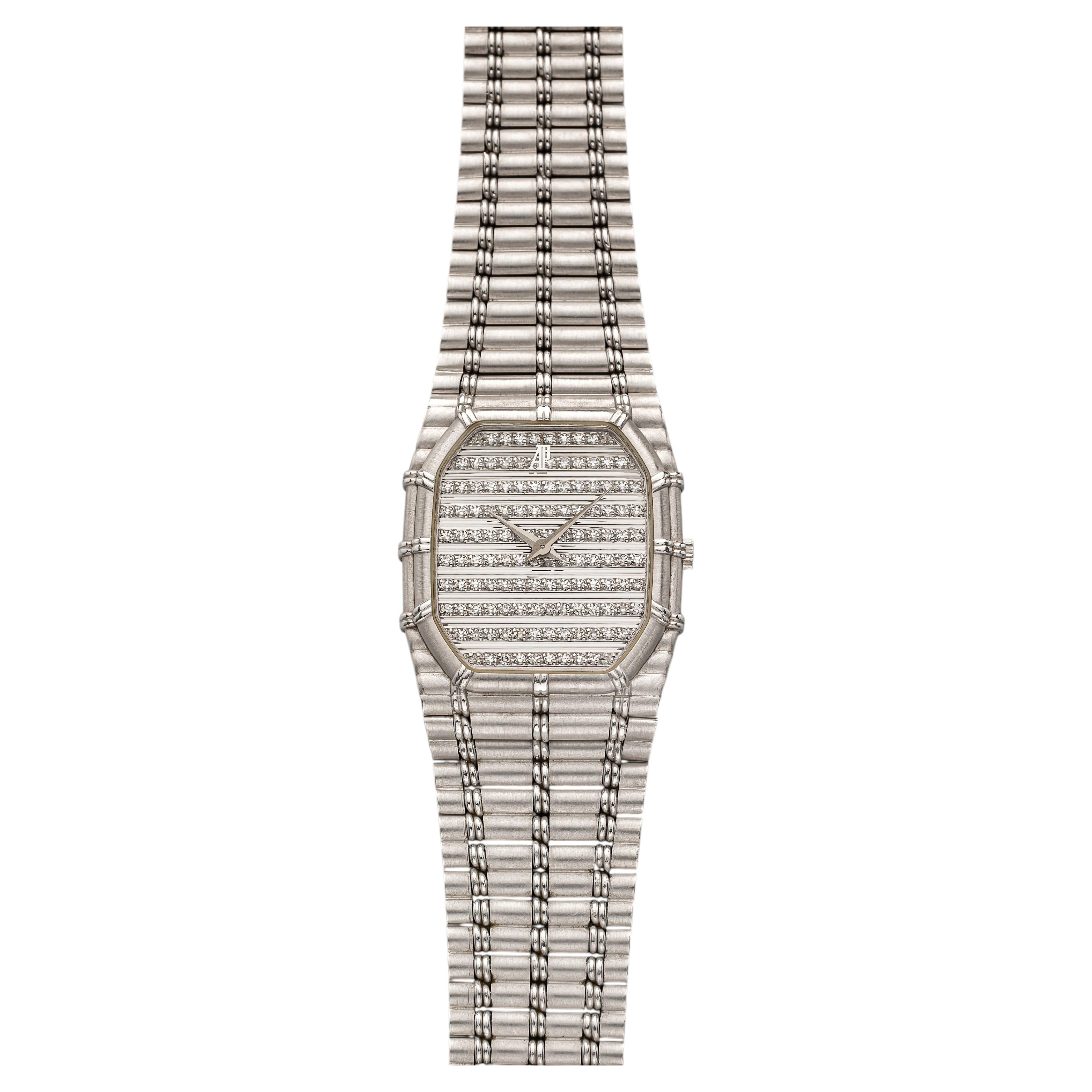 Vintage 1980s Audemars Piguet Bamboo 18K WG Diamond Pave Gadroon Dial 27 mm