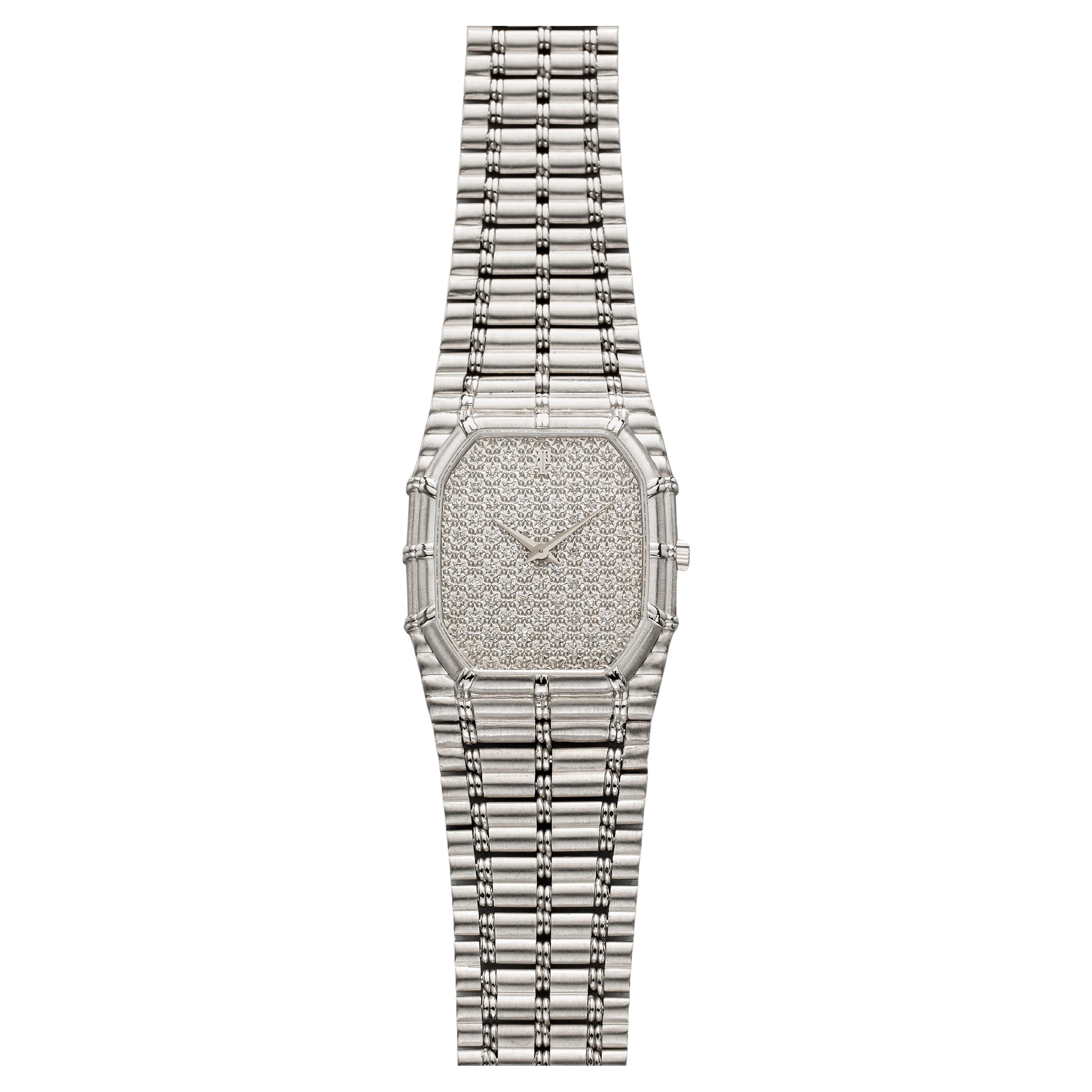 Vintage 1980s Audemars Piguet Bamboo 18K White Gold Quartz Pavé Diamond ...